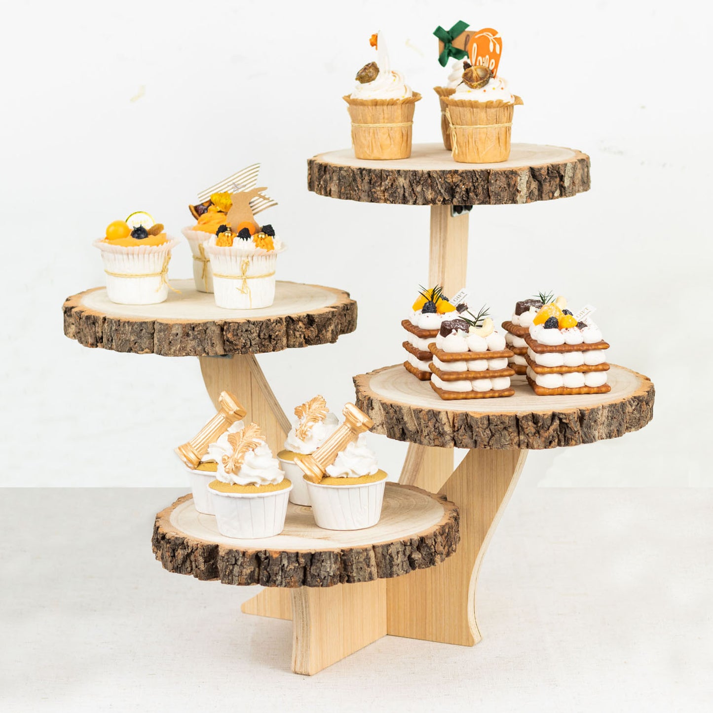 15" Tall 4-Tier Natural Rustic Wood Slice Cake Stand, Farmhouse Style Dessert Holder Cupcake Stand