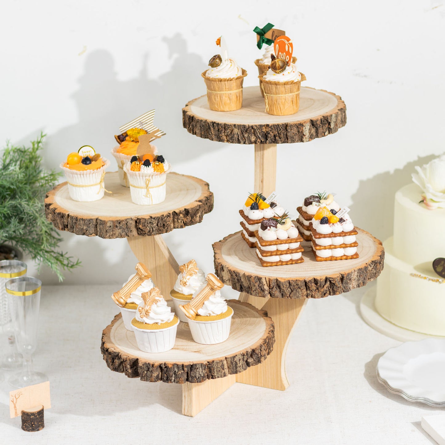 15" Tall 4-Tier Natural Rustic Wood Slice Cake Stand, Farmhouse Style Dessert Holder Cupcake Stand