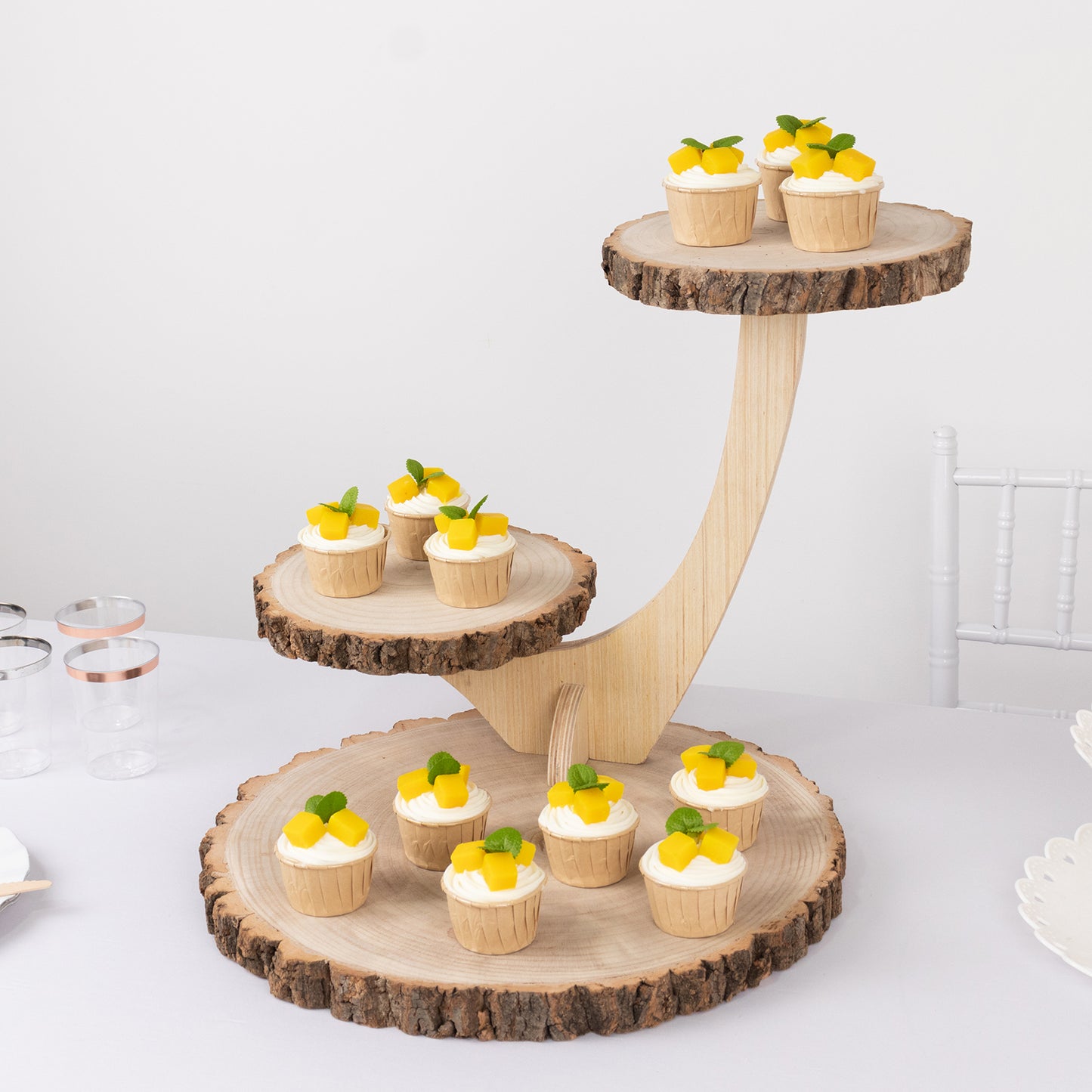 3-Tier Natural Rustic Branch Dessert Display Stand, Farmhouse Style Wood Slice Cake Cupcake Holder Stand - 17"