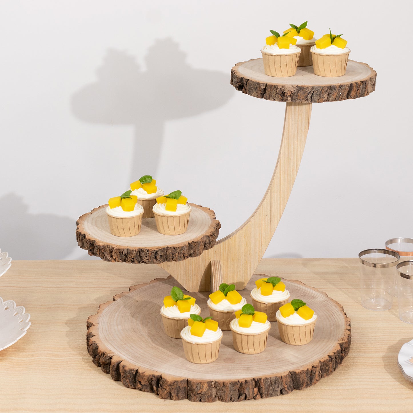 3-Tier Natural Rustic Branch Dessert Display Stand, Farmhouse Style Wood Slice Cake Cupcake Holder Stand - 17"