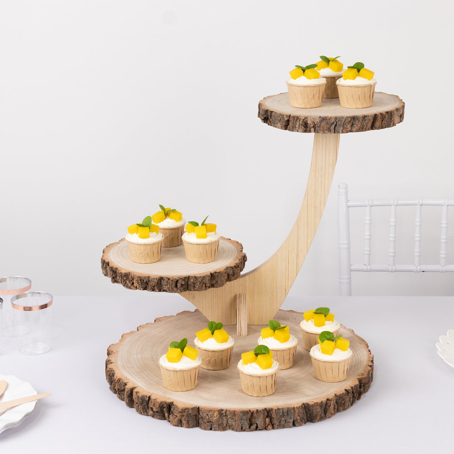 3-Tier Natural Rustic Branch Dessert Display Stand, Farmhouse Style Wood Slice Cake Cupcake Holder Stand - 17"