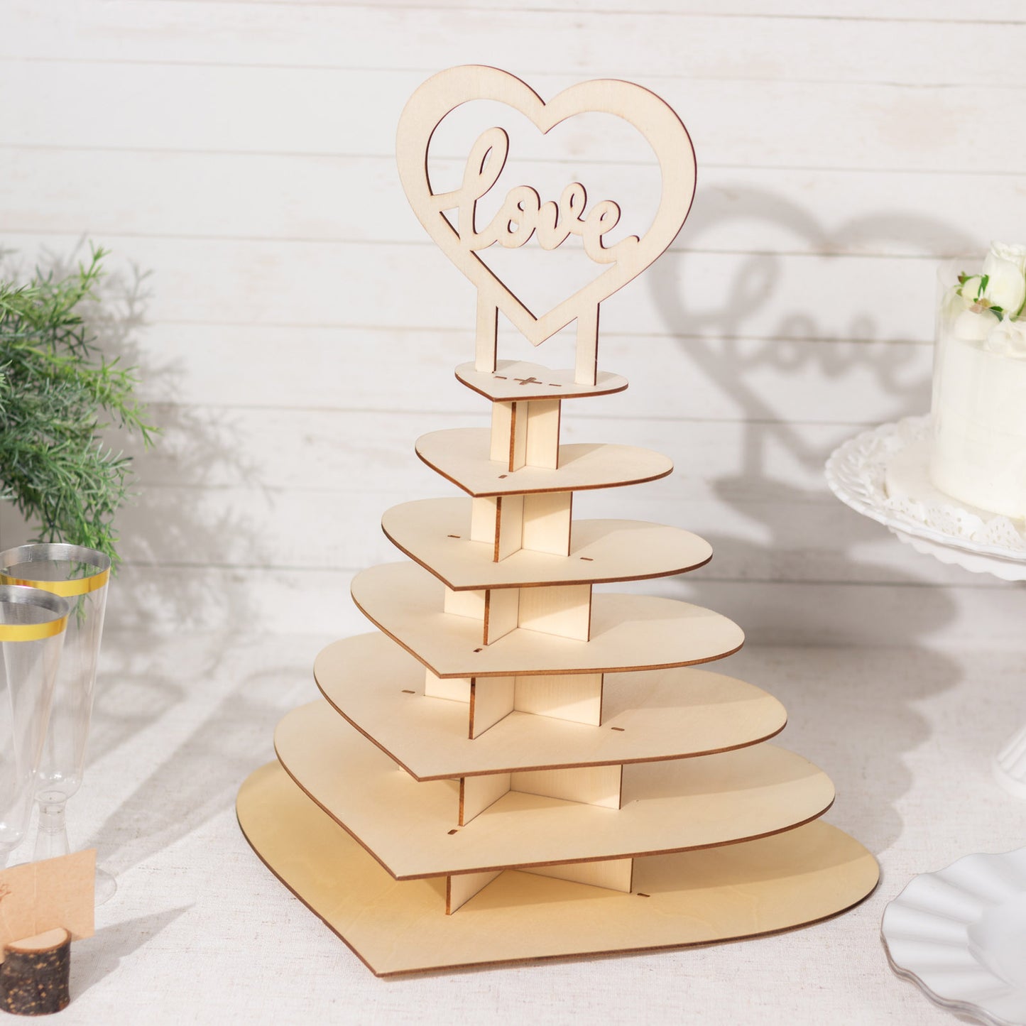 7-Tier Natural Wooden Chocolate Display Stand with Heart "Love" Topper, 16" DIY Dessert Table Tower Rack