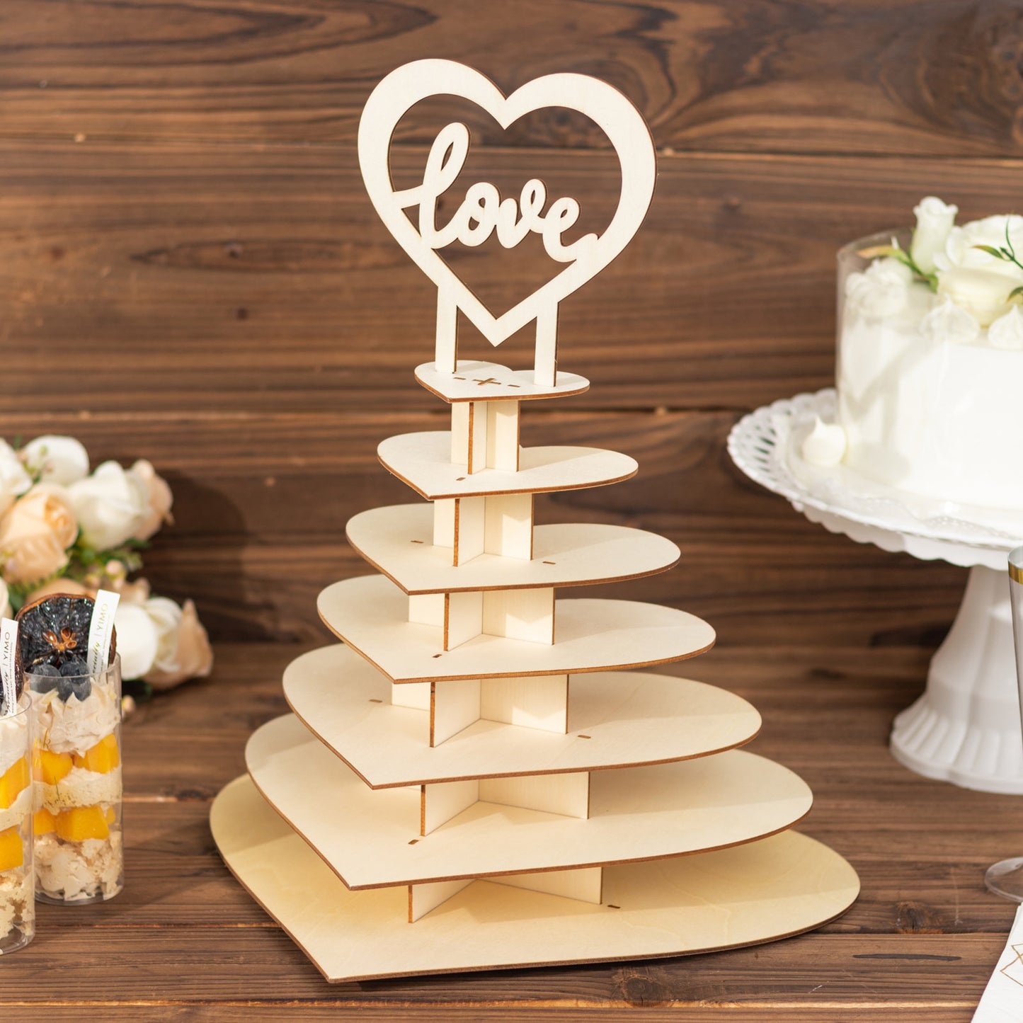 7-Tier Natural Wooden Chocolate Display Stand with Heart "Love" Topper, 16" DIY Dessert Table Tower Rack