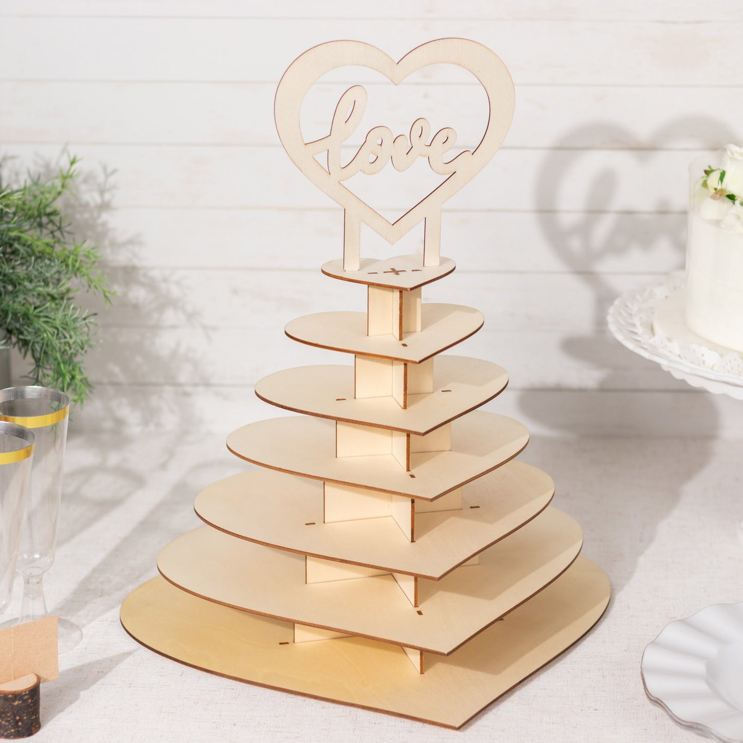 7-Tier Natural Wooden Chocolate Display Stand with Heart "Love" Topper, 16" DIY Dessert Table Tower Rack