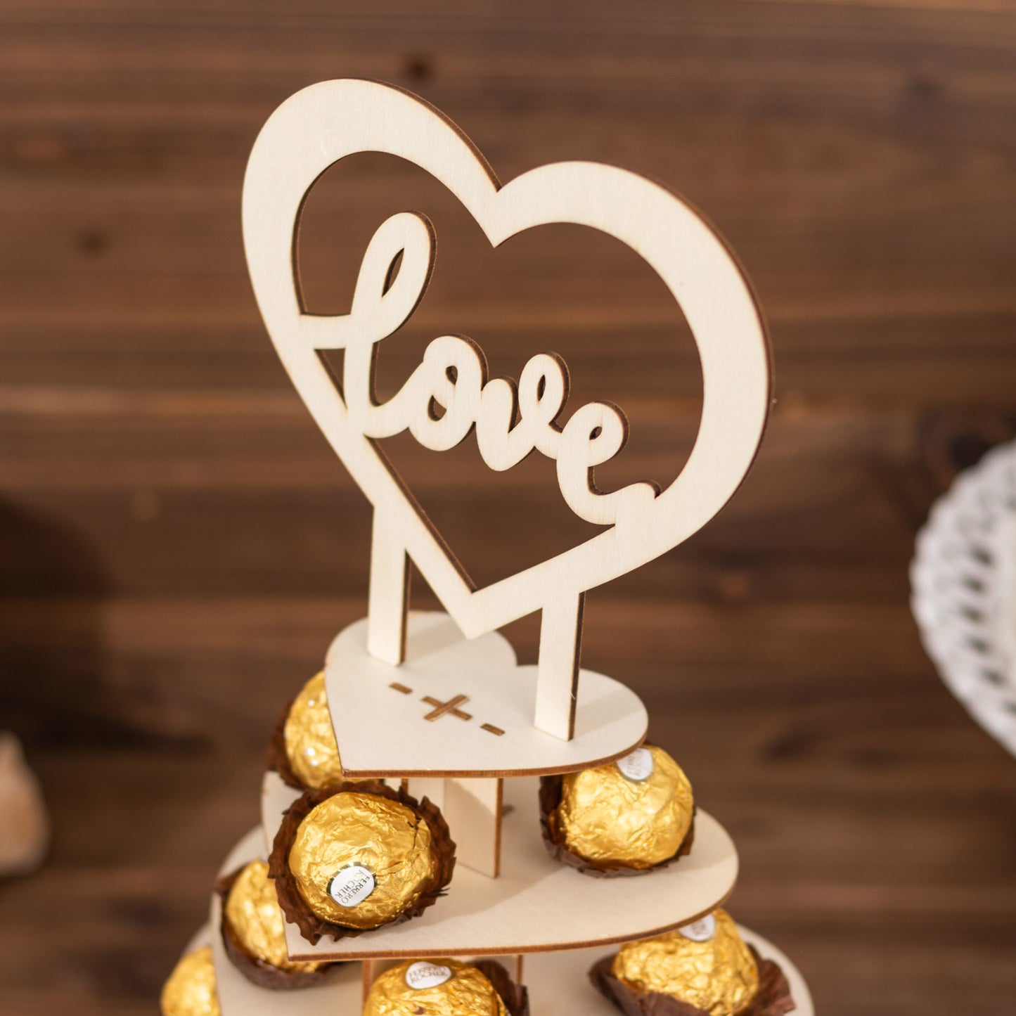 7-Tier Natural Wooden Chocolate Display Stand with Heart "Love" Topper, 16" DIY Dessert Table Tower Rack