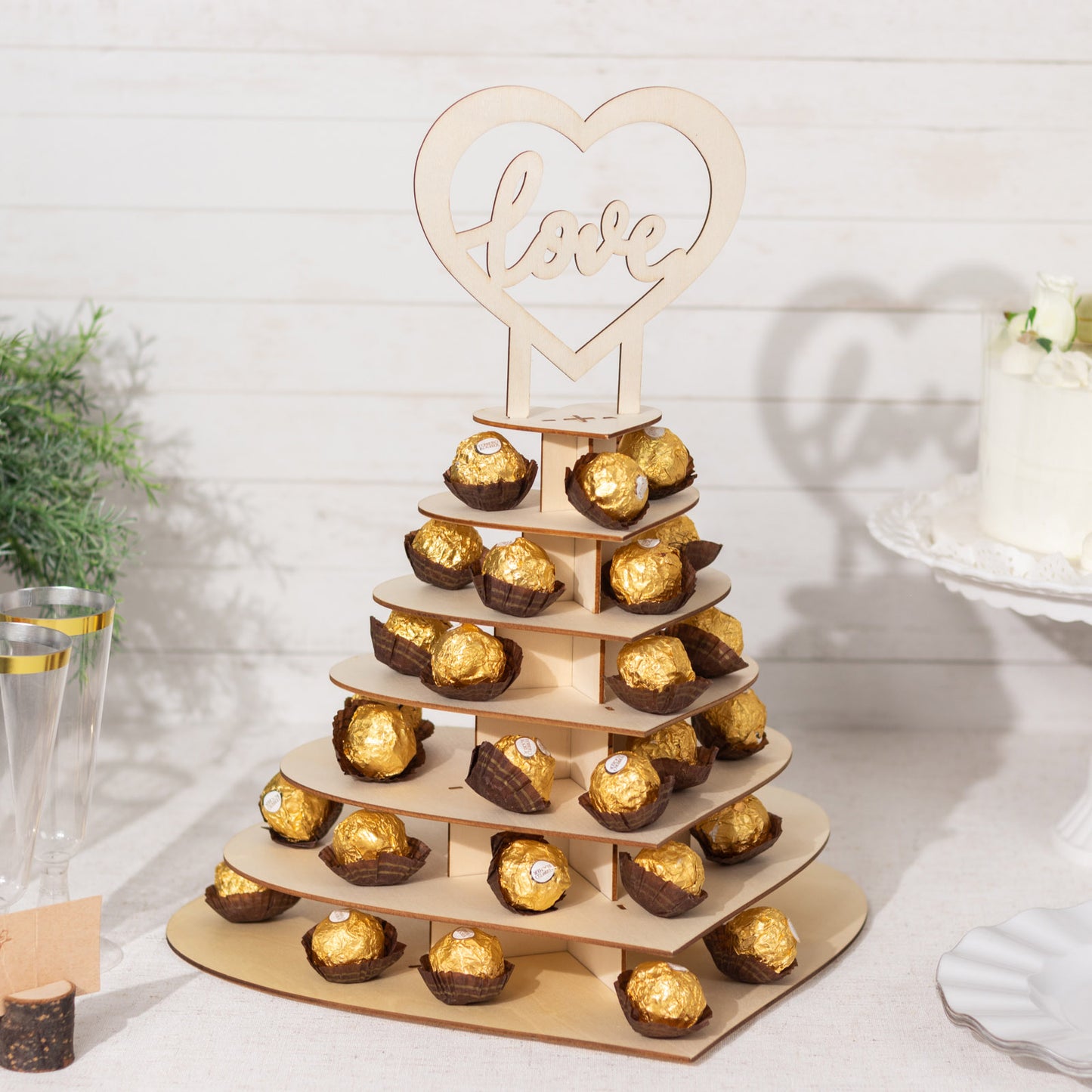 7-Tier Natural Wooden Chocolate Display Stand with Heart "Love" Topper, 16" DIY Dessert Table Tower Rack