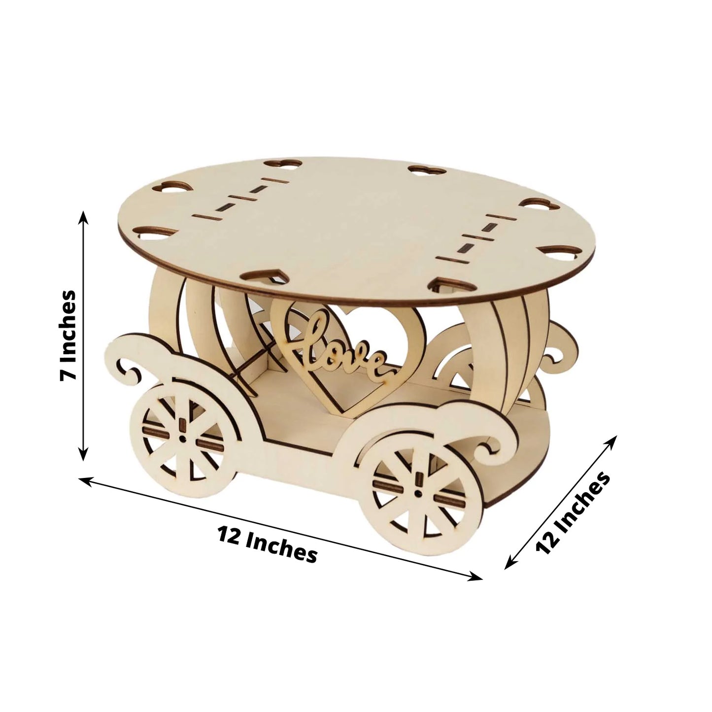 12" Natural Wooden Carriage Cupcake Holder with Round Display Plate, Laser Cut  Wedding Cake Stand