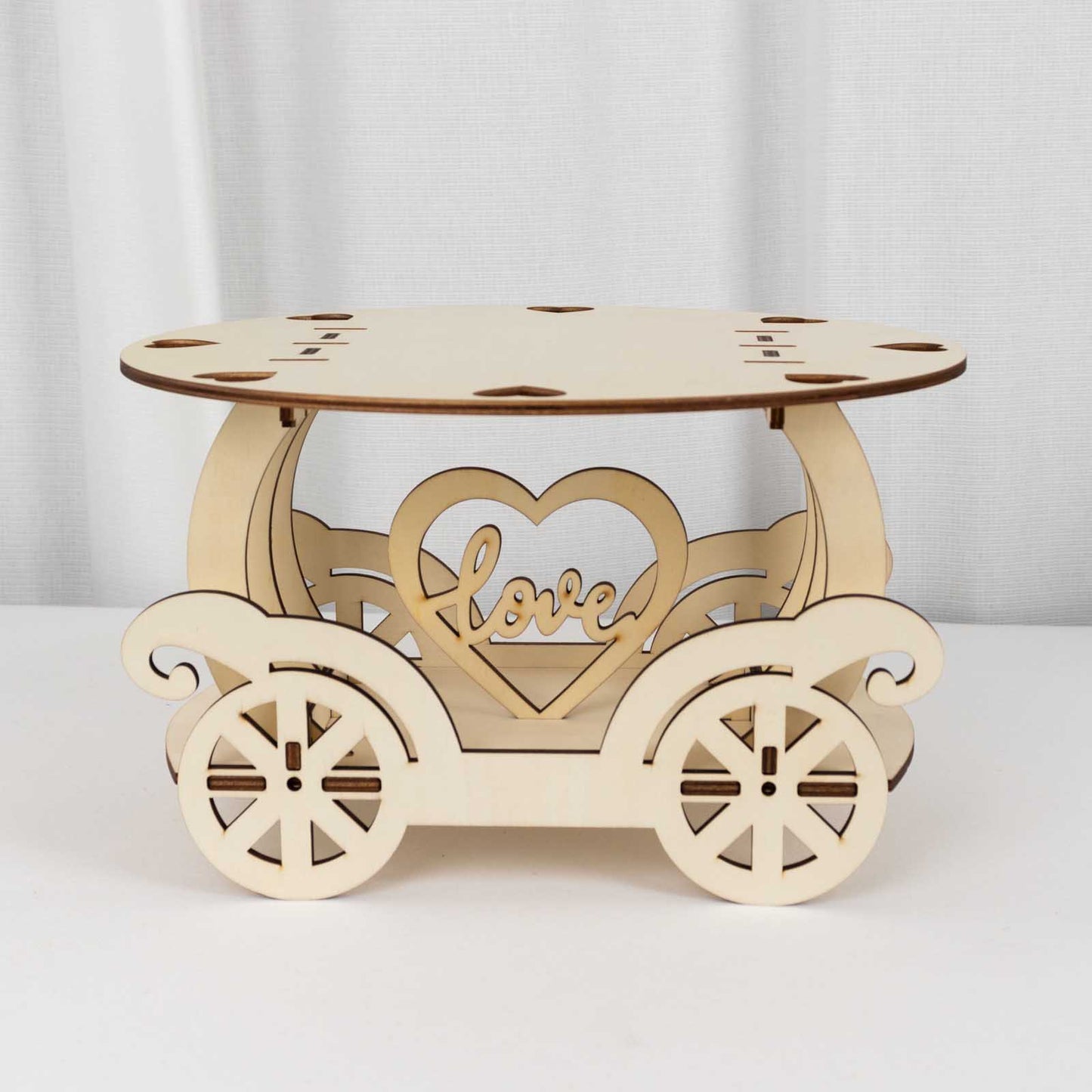 12" Natural Wooden Carriage Cupcake Holder with Round Display Plate, Laser Cut  Wedding Cake Stand