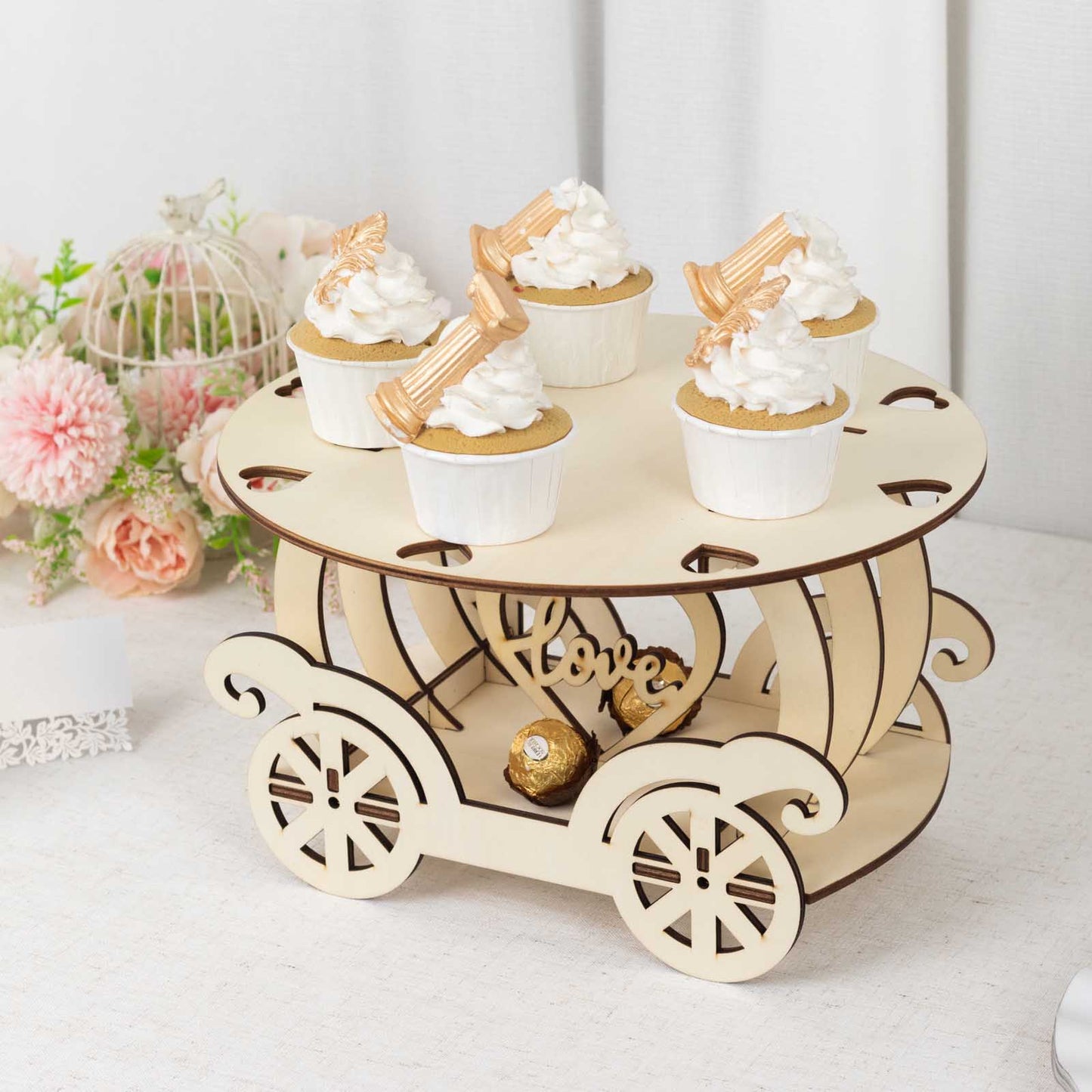 12" Natural Wooden Carriage Cupcake Holder with Round Display Plate, Laser Cut  Wedding Cake Stand