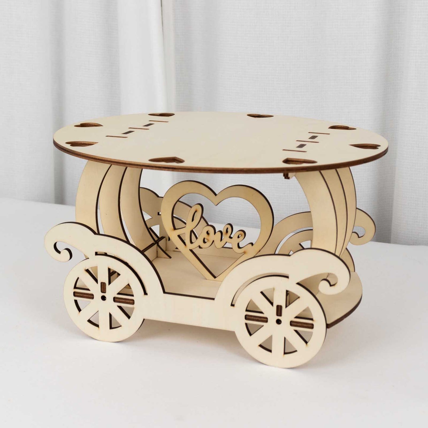 12" Natural Wooden Carriage Cupcake Holder with Round Display Plate, Laser Cut  Wedding Cake Stand