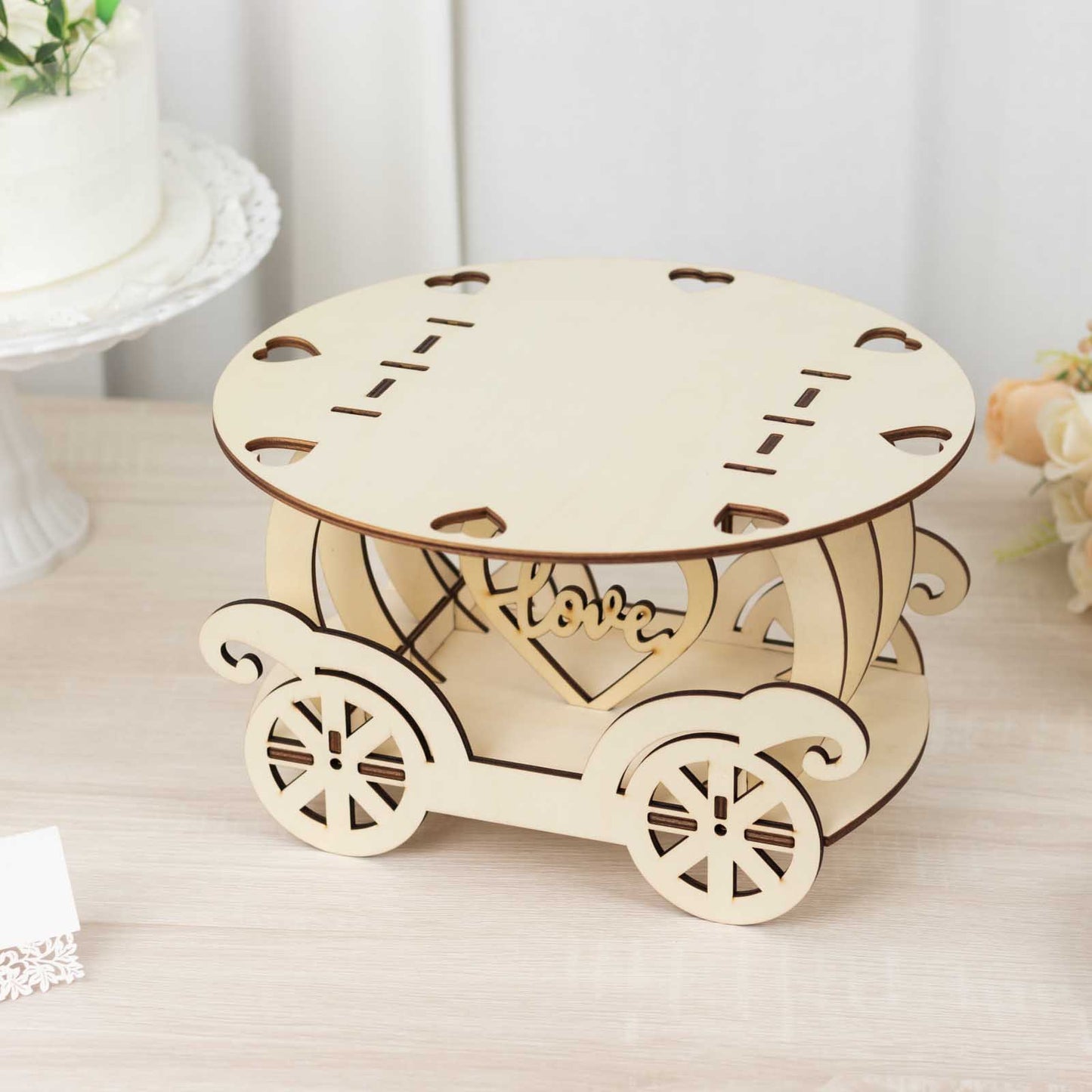 12" Natural Wooden Carriage Cupcake Holder with Round Display Plate, Laser Cut  Wedding Cake Stand