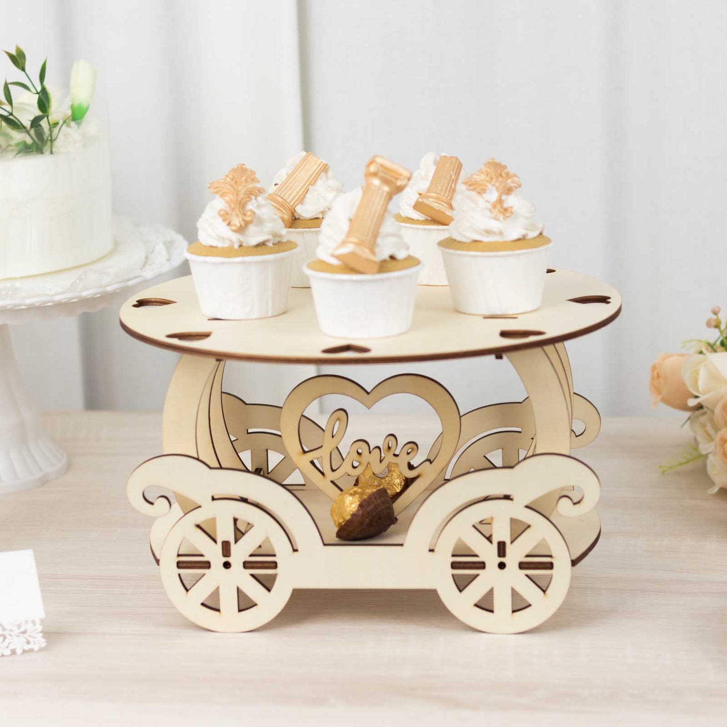 12" Natural Wooden Carriage Cupcake Holder with Round Display Plate, Laser Cut  Wedding Cake Stand