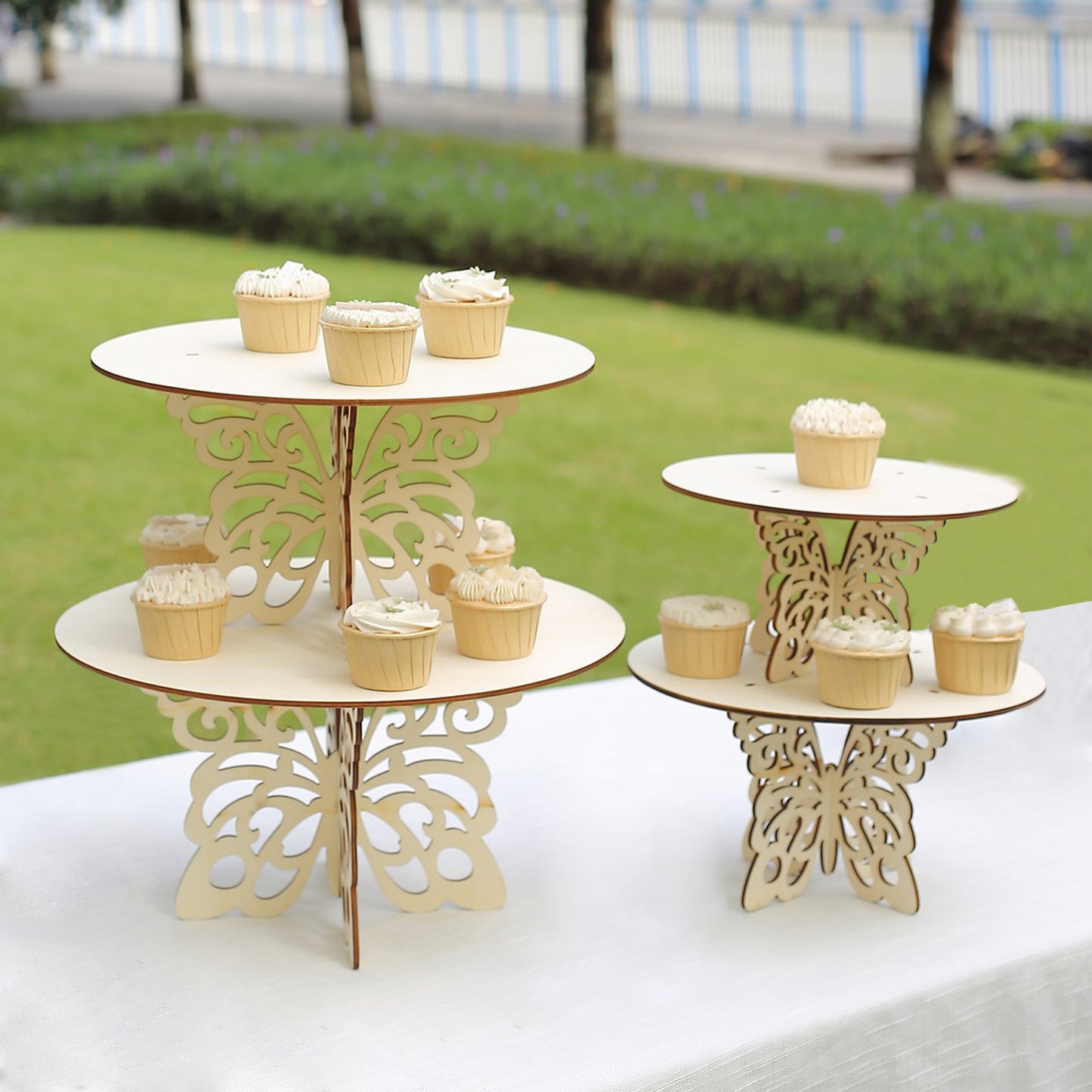 Set of 4 Natural Butterfly Wooden Cupcake Dessert Holder Display Stand, Round Stackable Rustic Cake Stand Table Centerpiece - 10",12",14",16"