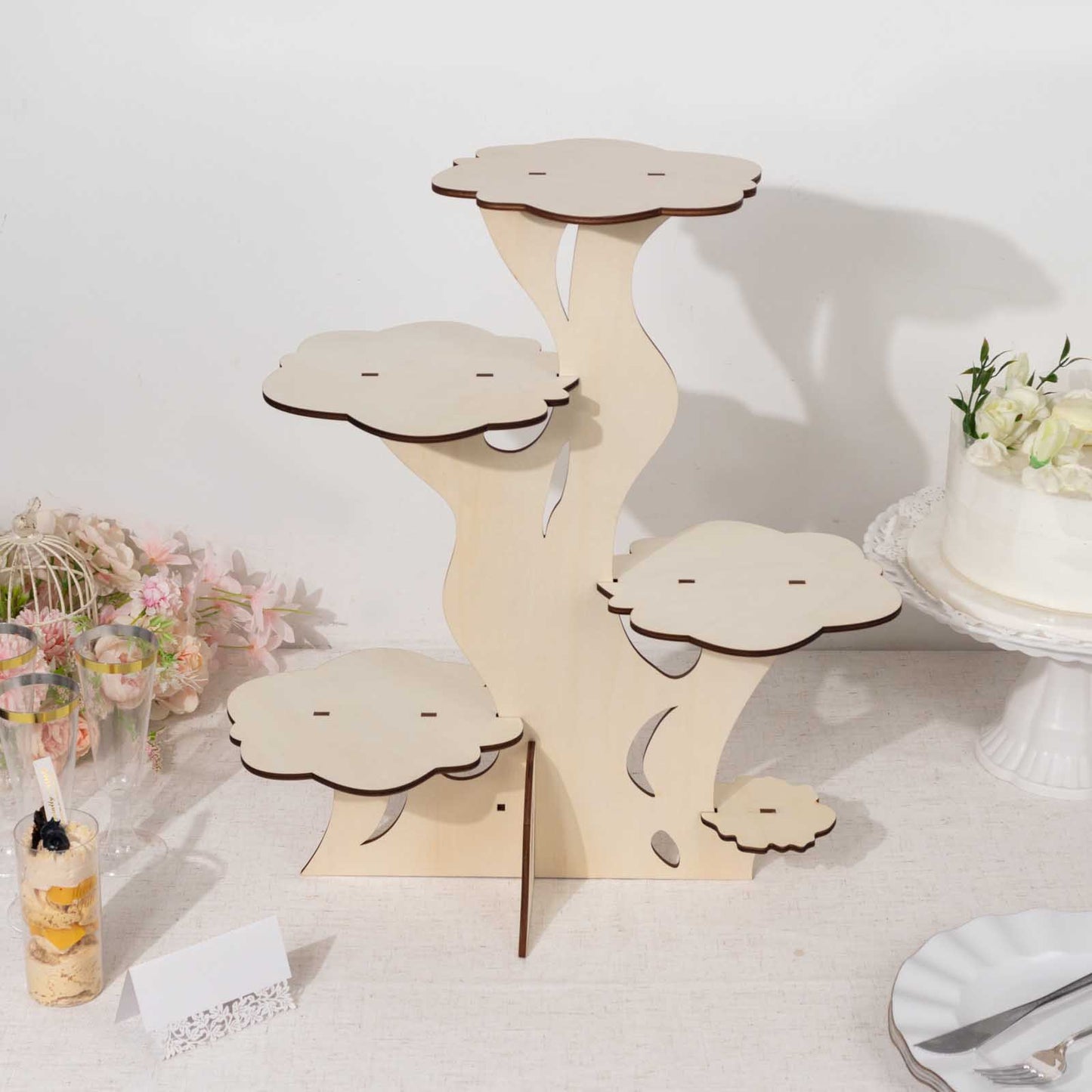 5-Tier Natural Laser Cut Wooden Tree Tower Cupcake Dessert Stand, 19" Tall Rustic Cake Display Stand