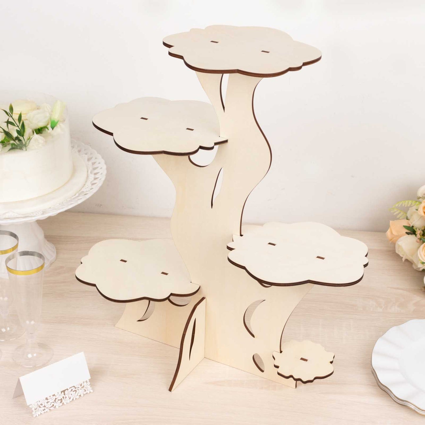 5-Tier Natural Laser Cut Wooden Tree Tower Cupcake Dessert Stand, 19" Tall Rustic Cake Display Stand