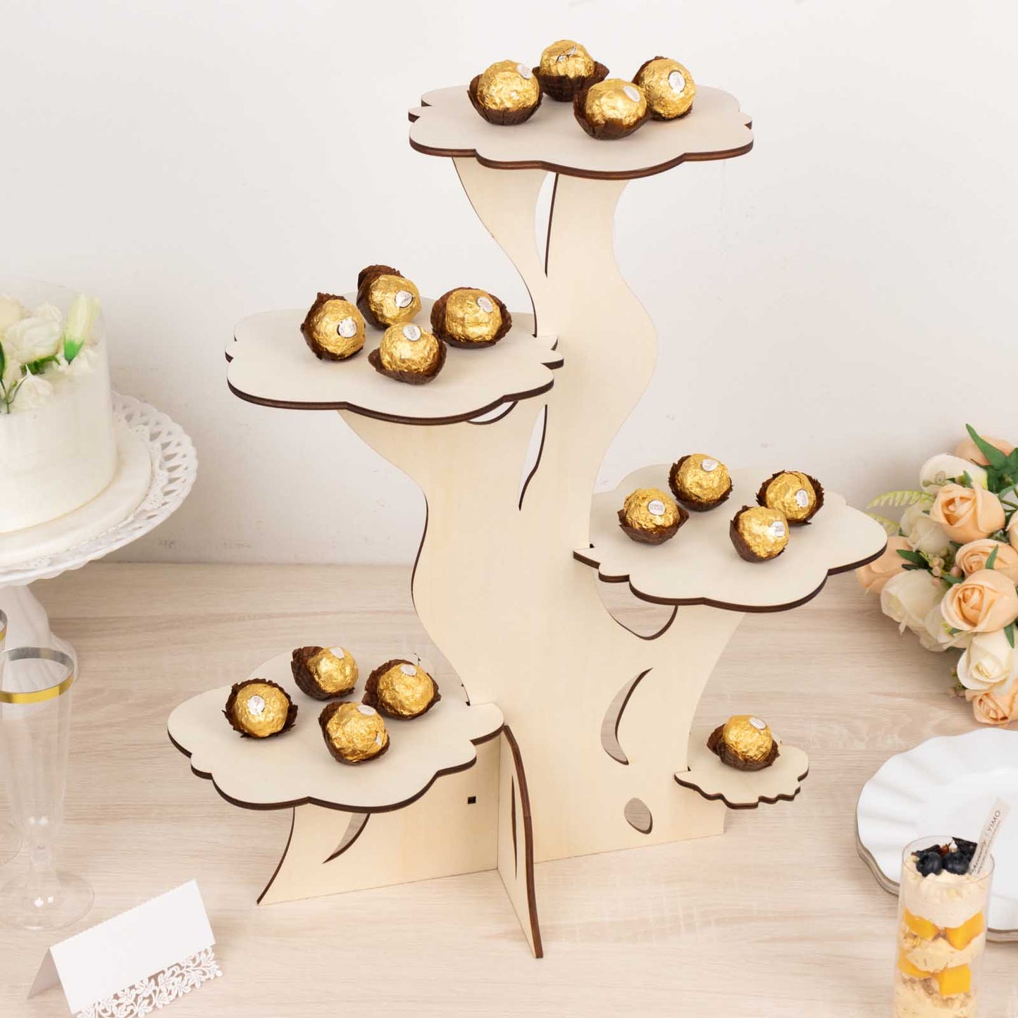 5-Tier Natural Laser Cut Wooden Tree Tower Cupcake Dessert Stand, 19" Tall Rustic Cake Display Stand