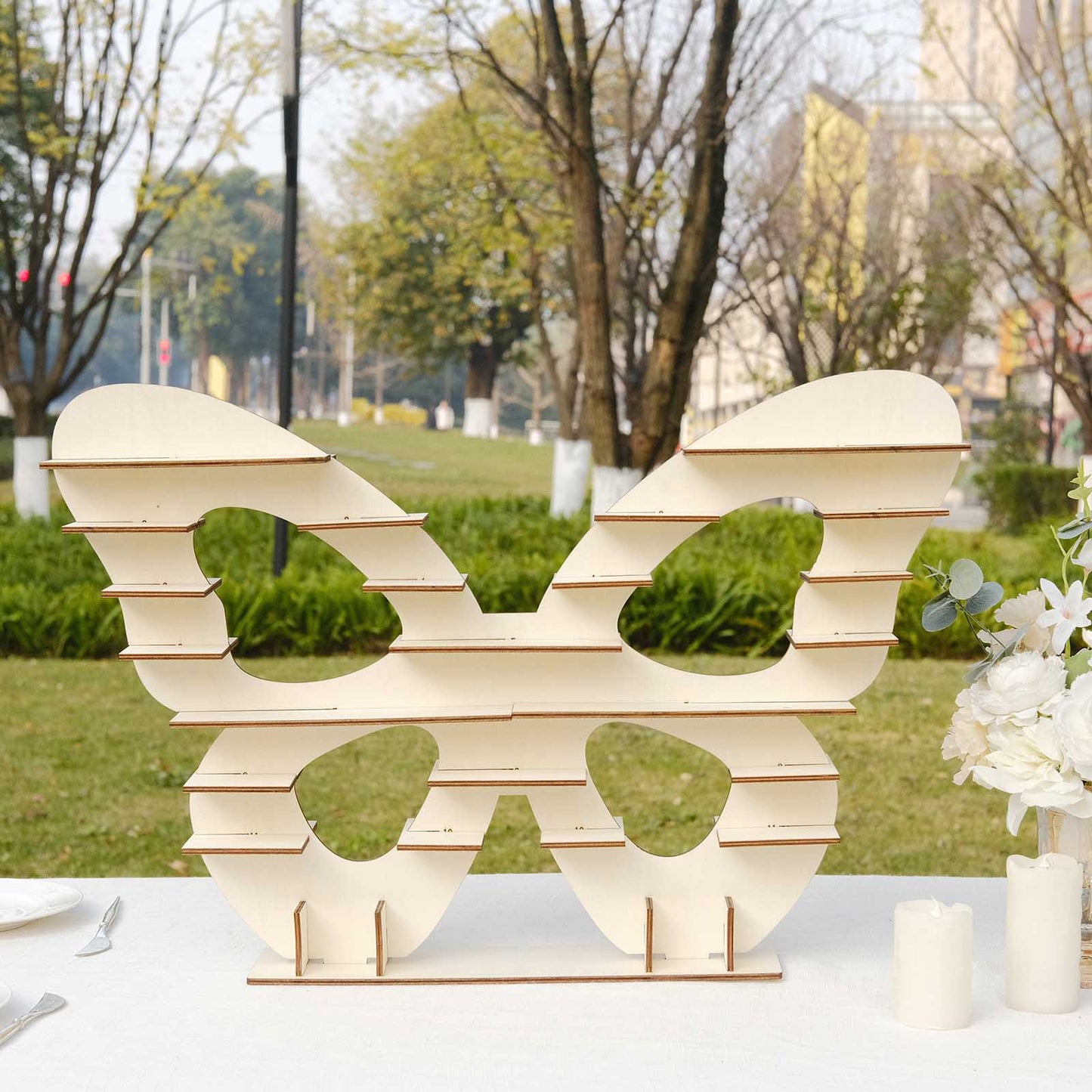 7-Tier Natural Butterfly Shaped Wooden Cupcake Stand, Double Sided Dessert Display Stand Shelf Rack - 25"