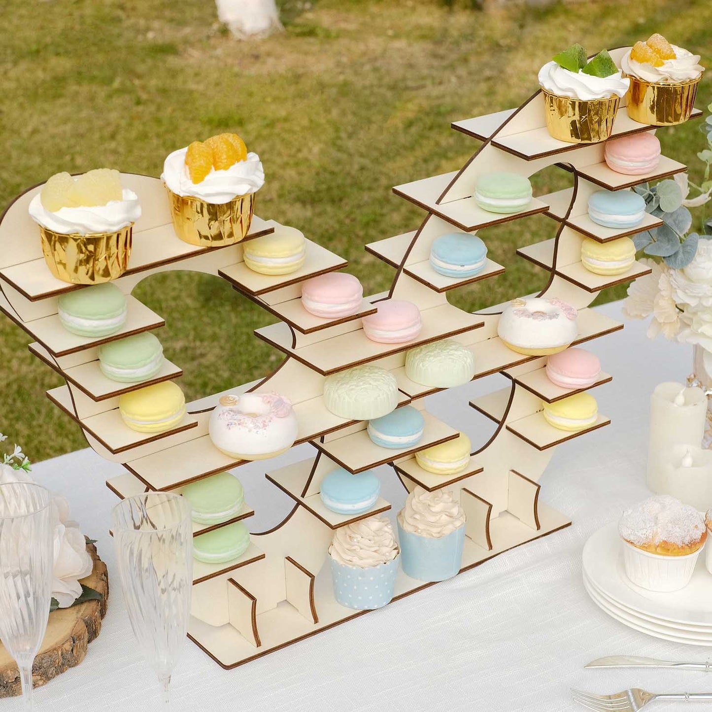 7-Tier Natural Butterfly Shaped Wooden Cupcake Stand, Double Sided Dessert Display Stand Shelf Rack - 25"