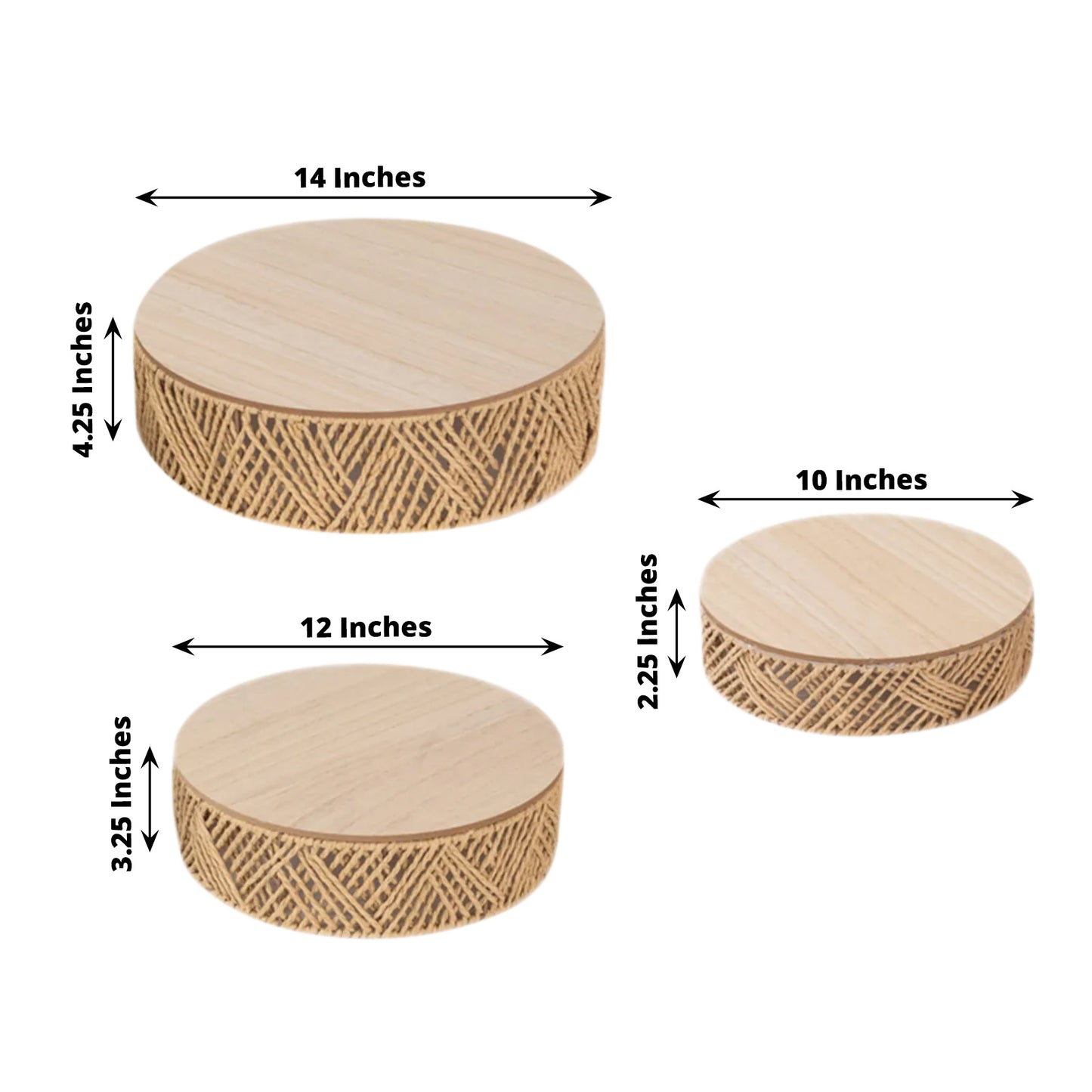 Set of 3 Natural Jute Rattan Pedestal Cupcake Stands with Top Wooden Plates, Stackable Round Rustic Farmhouse Woven Cake Dessert Holder Display Stands - 10",12",14"