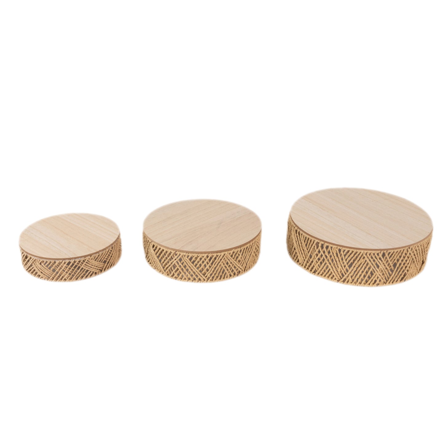 Set of 3 Natural Jute Rattan Pedestal Cupcake Stands with Top Wooden Plates, Stackable Round Rustic Farmhouse Woven Cake Dessert Holder Display Stands - 10",12",14"