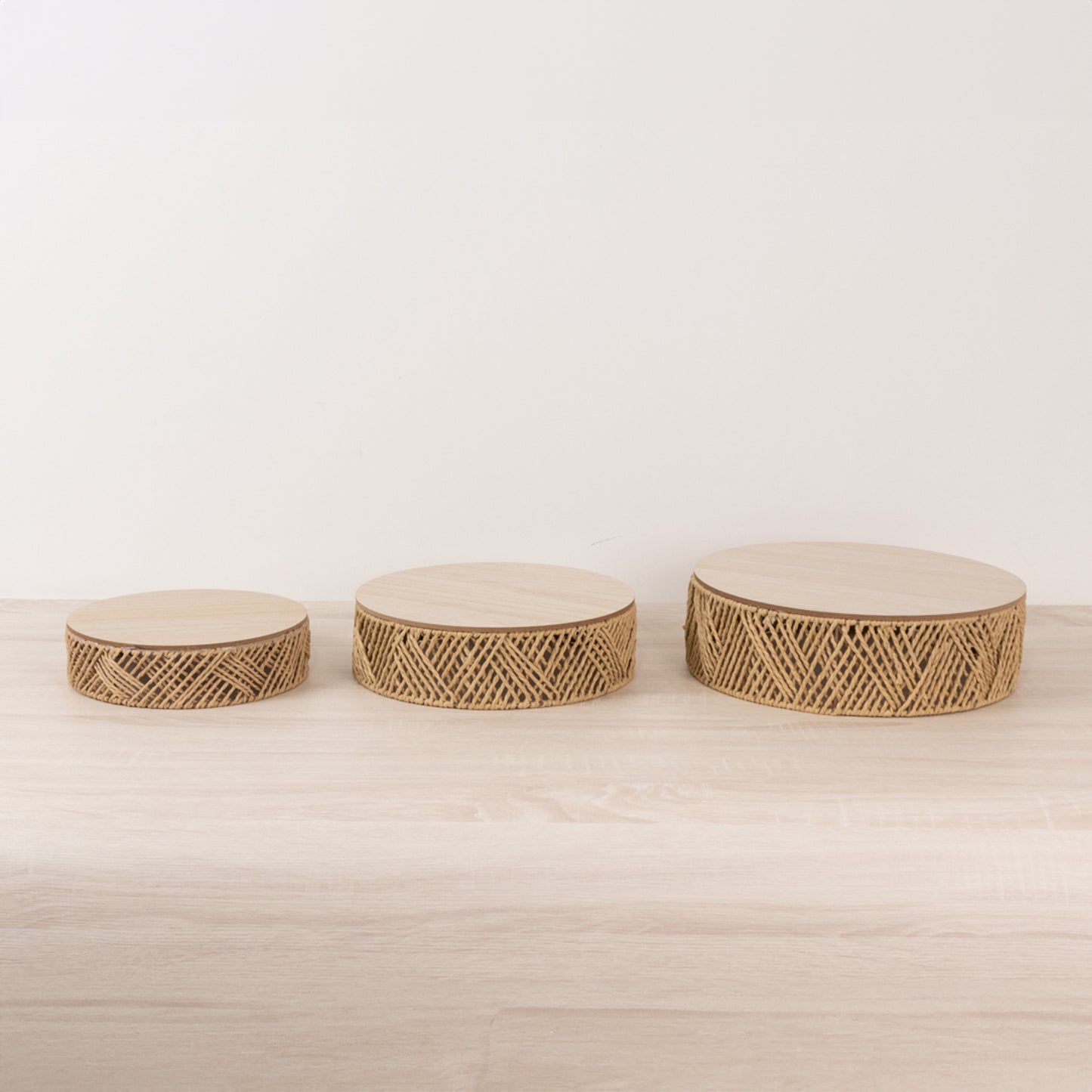 Set of 3 Natural Jute Rattan Pedestal Cupcake Stands with Top Wooden Plates, Stackable Round Rustic Farmhouse Woven Cake Dessert Holder Display Stands - 10",12",14"