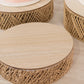 Set of 3 Natural Jute Rattan Pedestal Cupcake Stands with Top Wooden Plates, Stackable Round Rustic Farmhouse Woven Cake Dessert Holder Display Stands - 10",12",14"