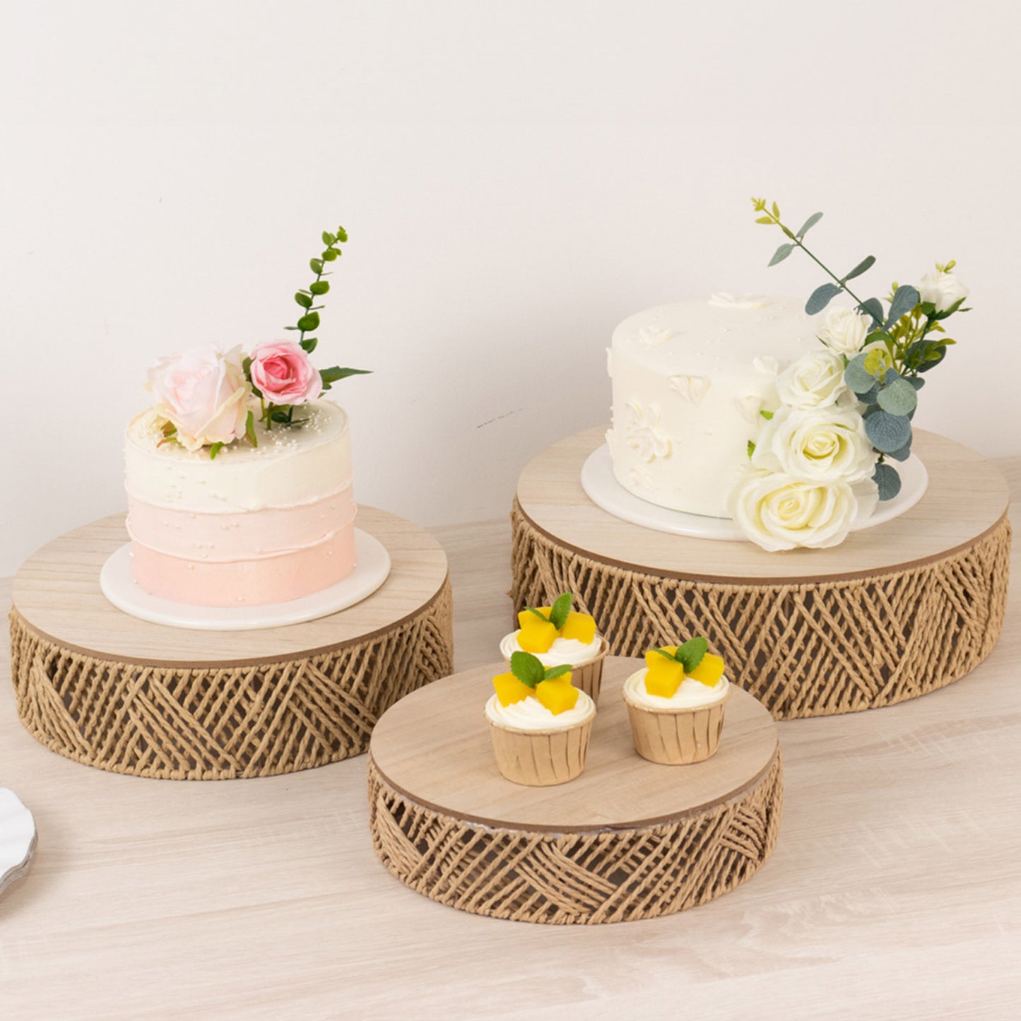 Set of 3 Natural Jute Rattan Pedestal Cupcake Stands with Top Wooden Plates, Stackable Round Rustic Farmhouse Woven Cake Dessert Holder Display Stands - 10",12",14"