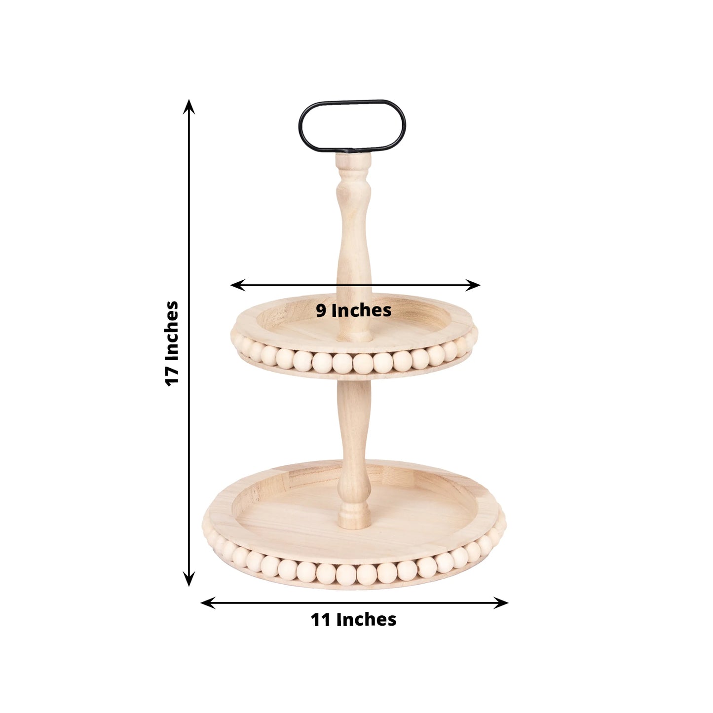 2-Tier Natural Beaded Wooden Cupcake Stand With Metal Handle, 17" Round Boho Chic Serving Tray Dessert Display Stand