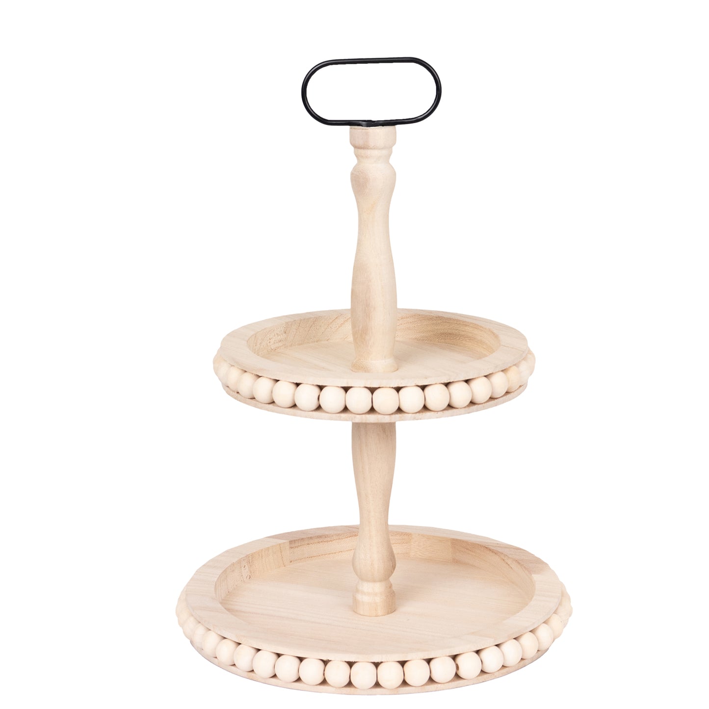 2-Tier Natural Beaded Wooden Cupcake Stand With Metal Handle, 17" Round Boho Chic Serving Tray Dessert Display Stand