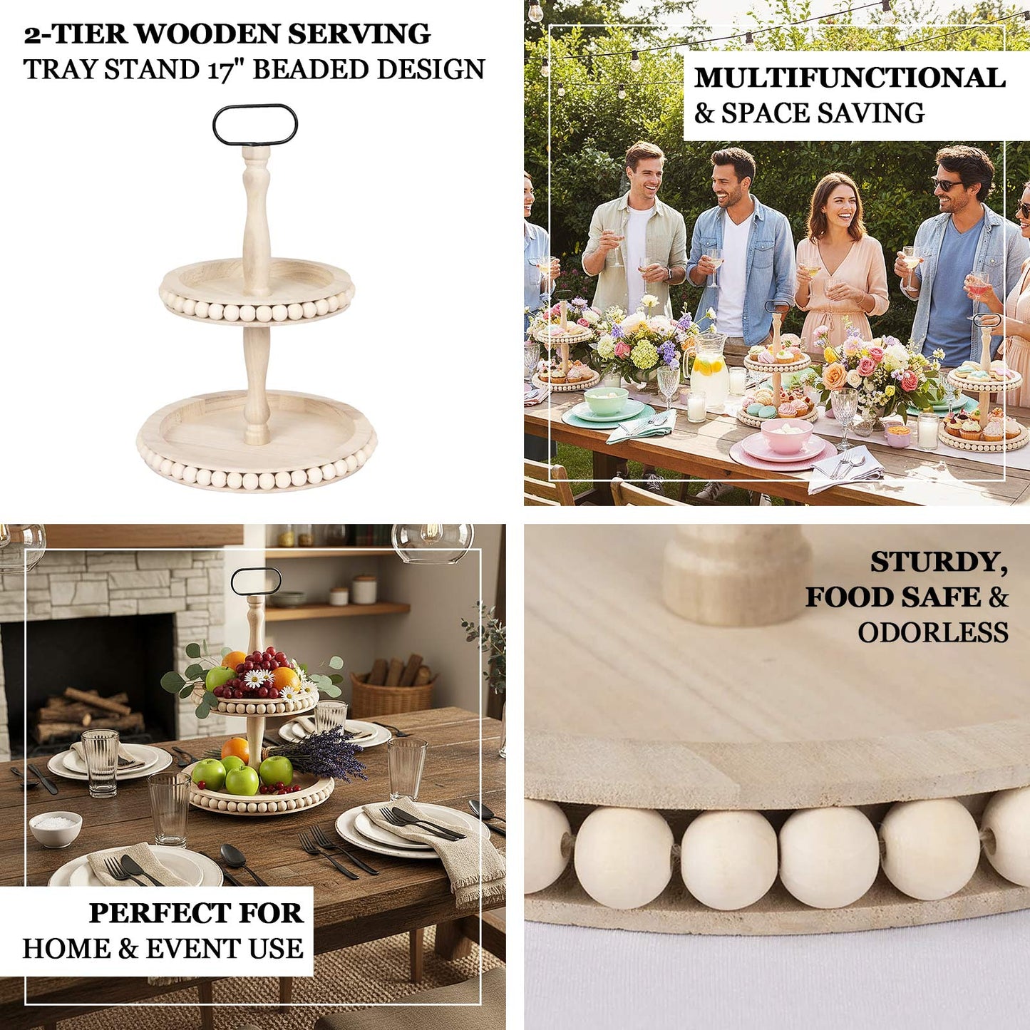 2-Tier Natural Beaded Wooden Cupcake Stand With Metal Handle, 17" Round Boho Chic Serving Tray Dessert Display Stand
