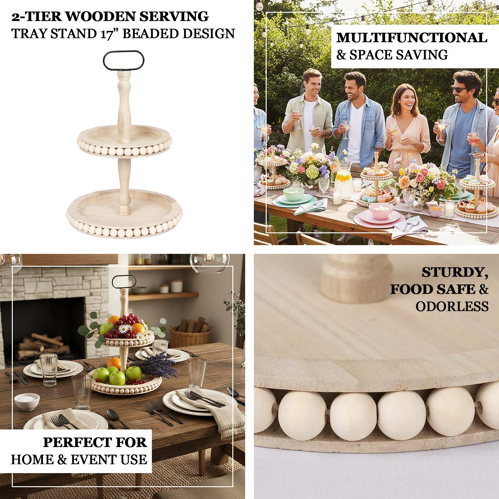 2-Tier Natural Beaded Wooden Cupcake Stand With Metal Handle, 17" Round Boho Chic Serving Tray Dessert Display Stand