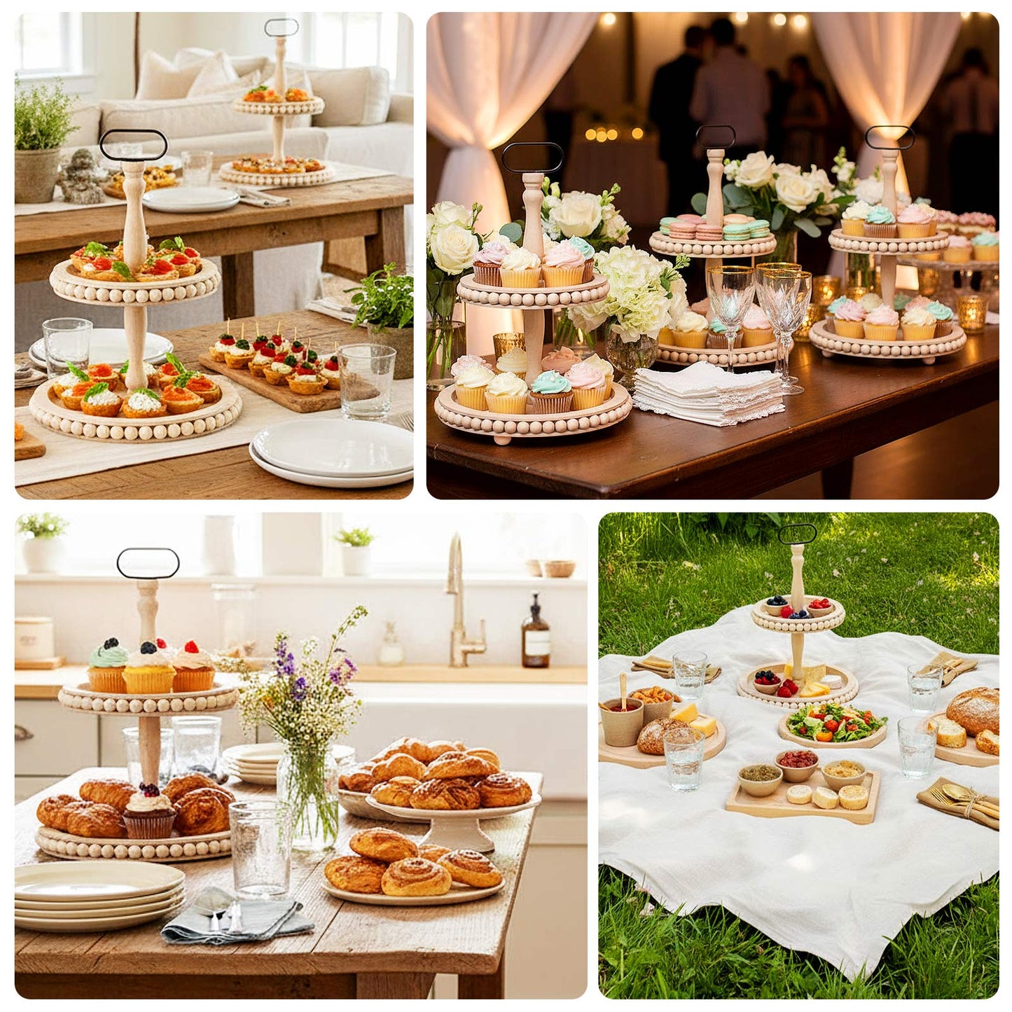 2-Tier Natural Beaded Wooden Cupcake Stand With Metal Handle, 17" Round Boho Chic Serving Tray Dessert Display Stand