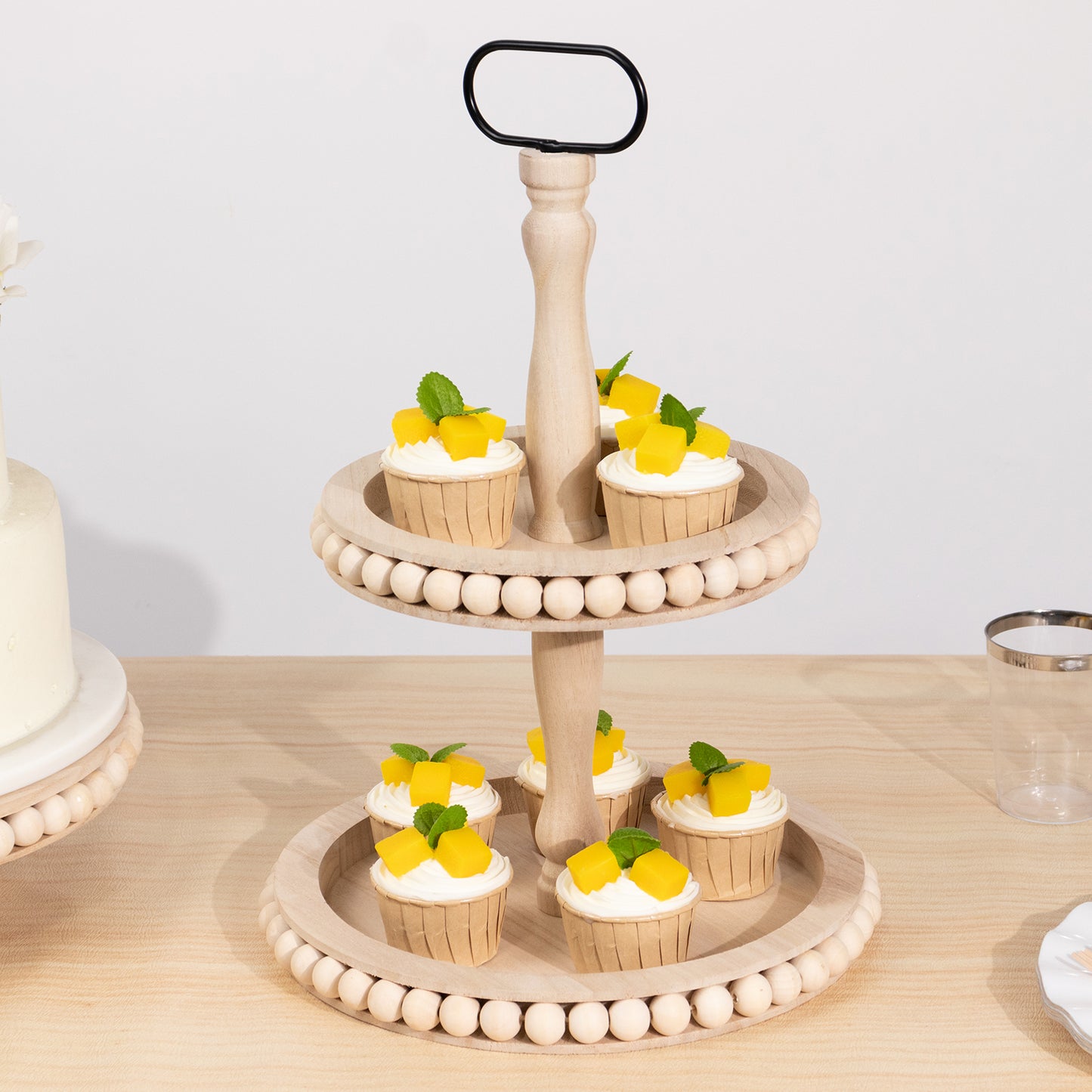 2-Tier Natural Beaded Wooden Cupcake Stand With Metal Handle, 17" Round Boho Chic Serving Tray Dessert Display Stand