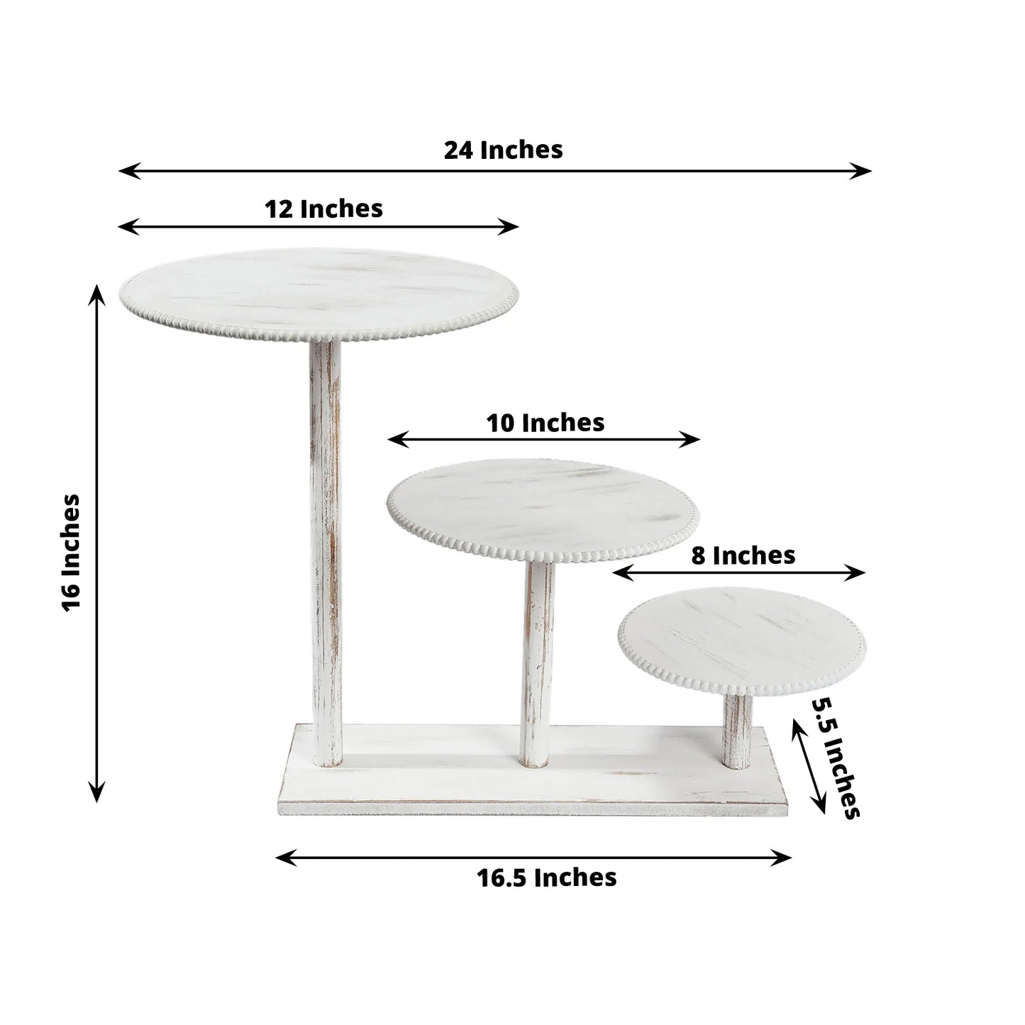 3-Tier Whitewash Wooden Cupcake Tower Dessert Stand, Farmhouse Style Cake Stand With Round Beaded Rim Tiered Trays - 24"x16"