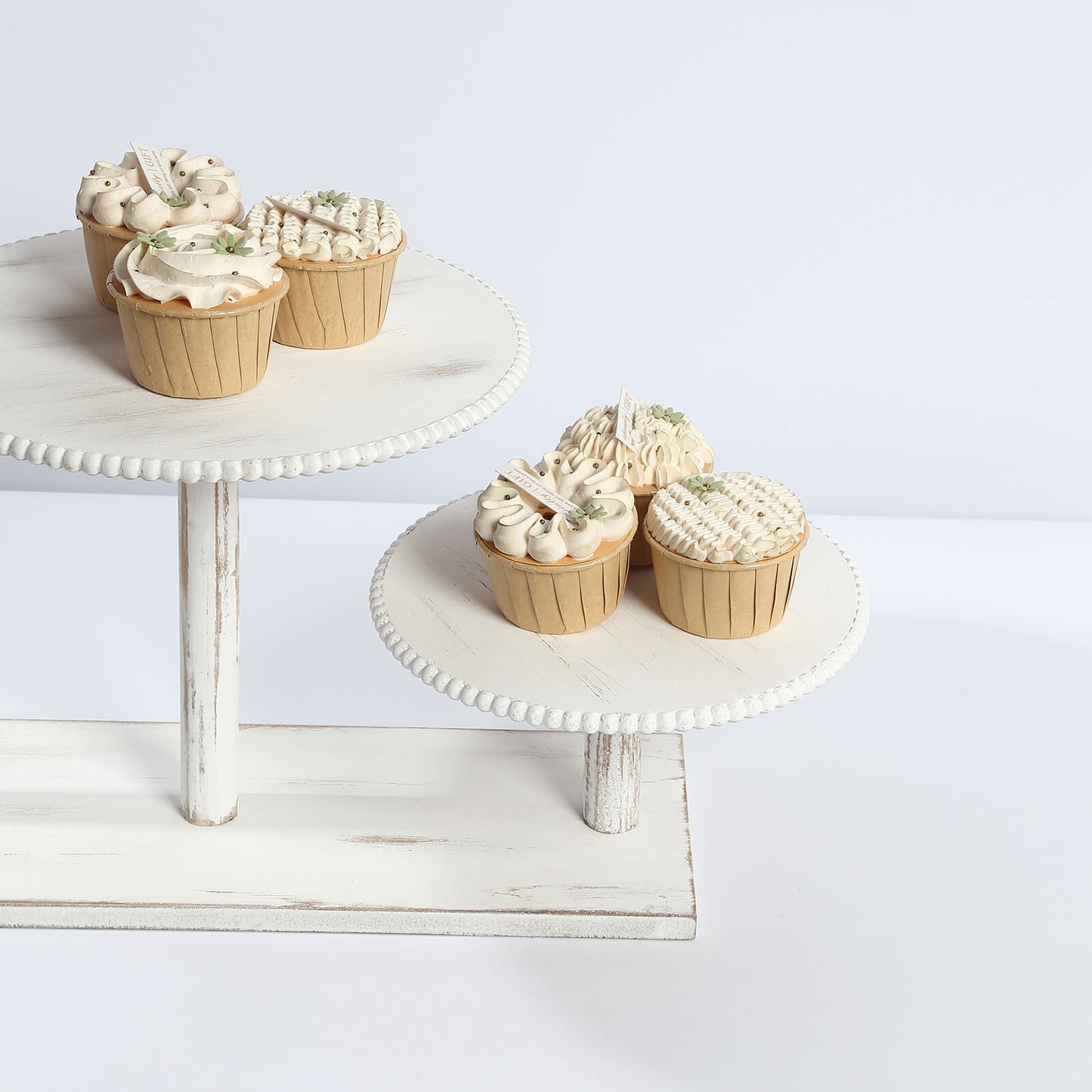 3-Tier Whitewash Wooden Cupcake Tower Dessert Stand, Farmhouse Style Cake Stand With Round Beaded Rim Tiered Trays - 24"x16"