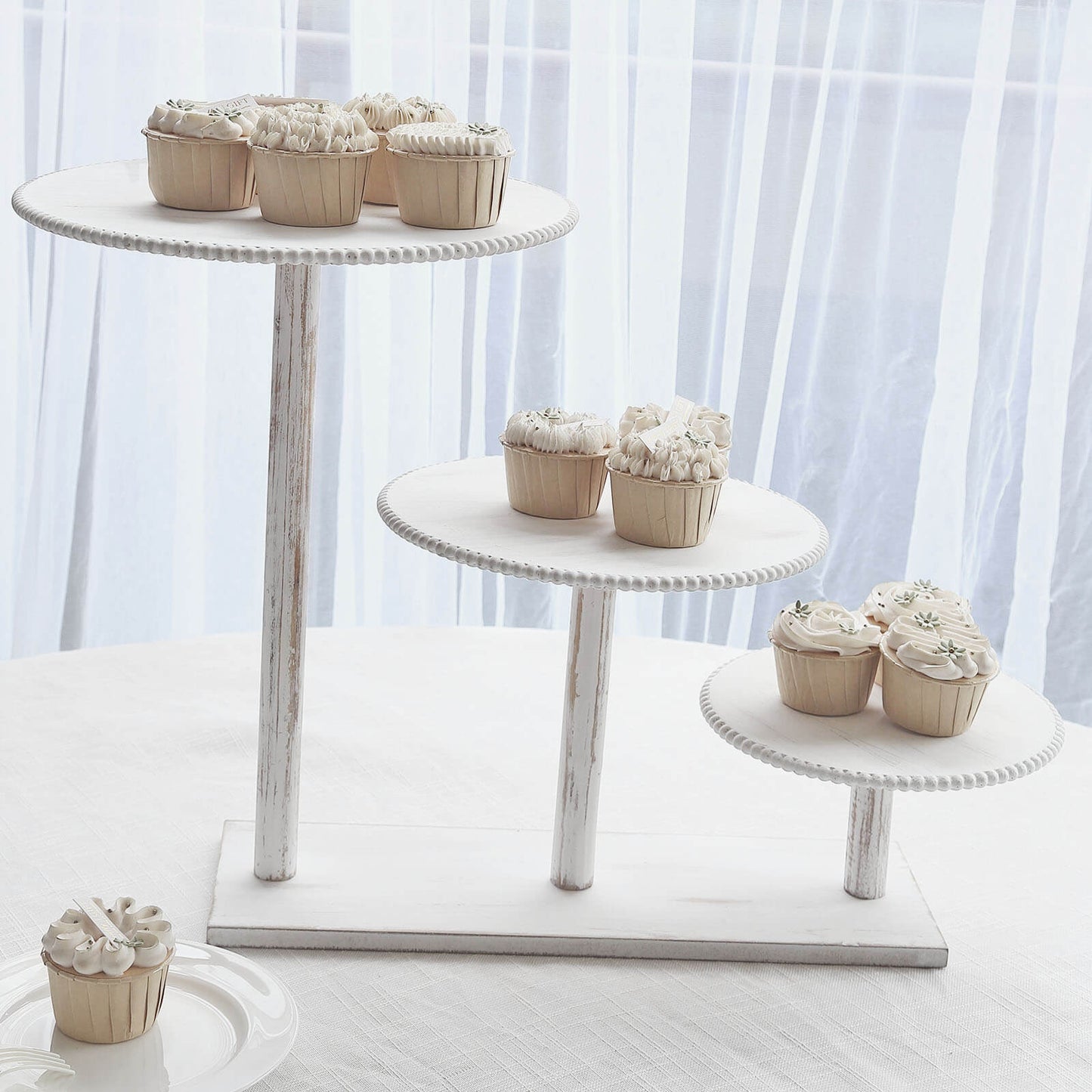 3-Tier Whitewash Wooden Cupcake Tower Dessert Stand, Farmhouse Style Cake Stand With Round Beaded Rim Tiered Trays - 24"x16"