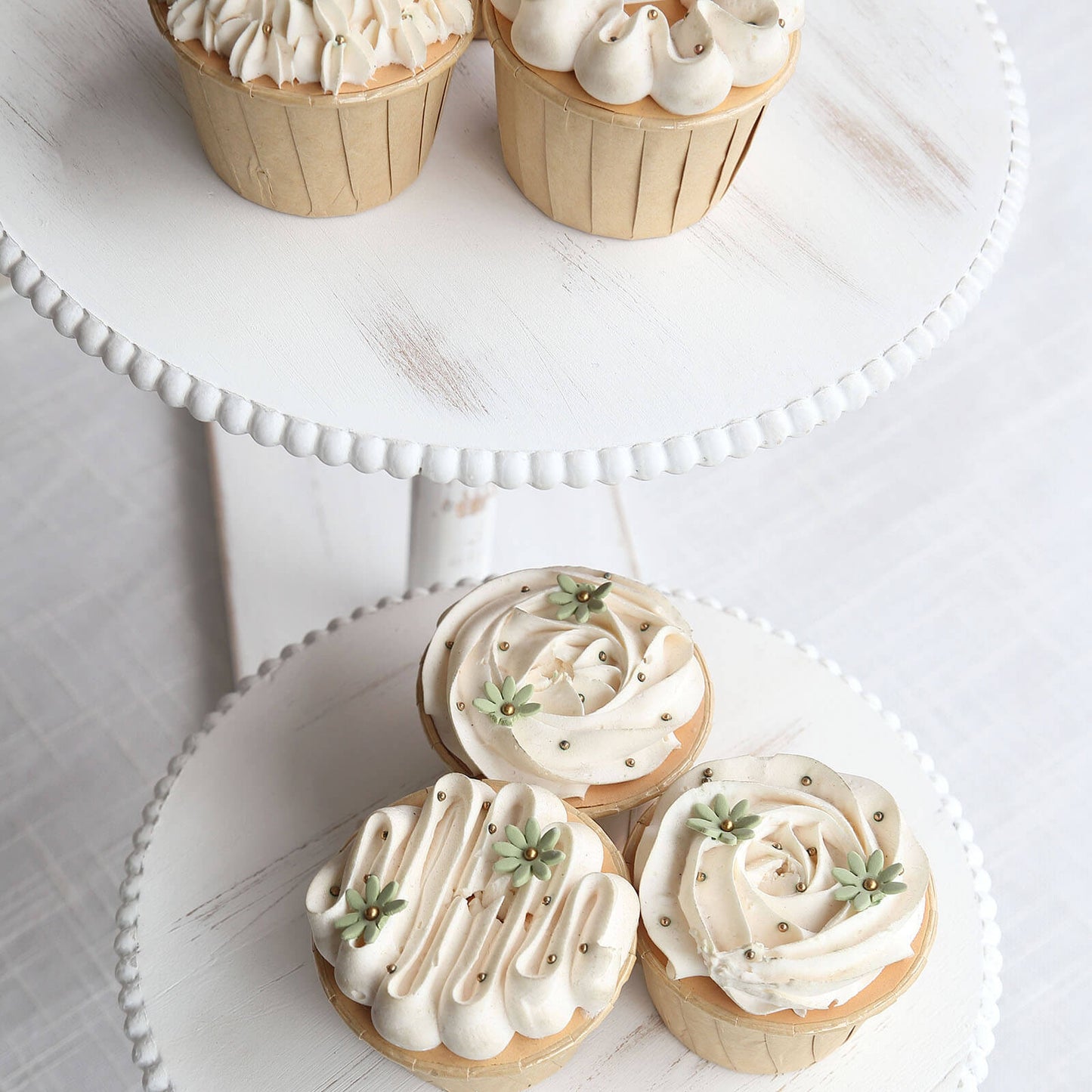 3-Tier Whitewash Wooden Cupcake Tower Dessert Stand, Farmhouse Style Cake Stand With Round Beaded Rim Tiered Trays - 24"x16"