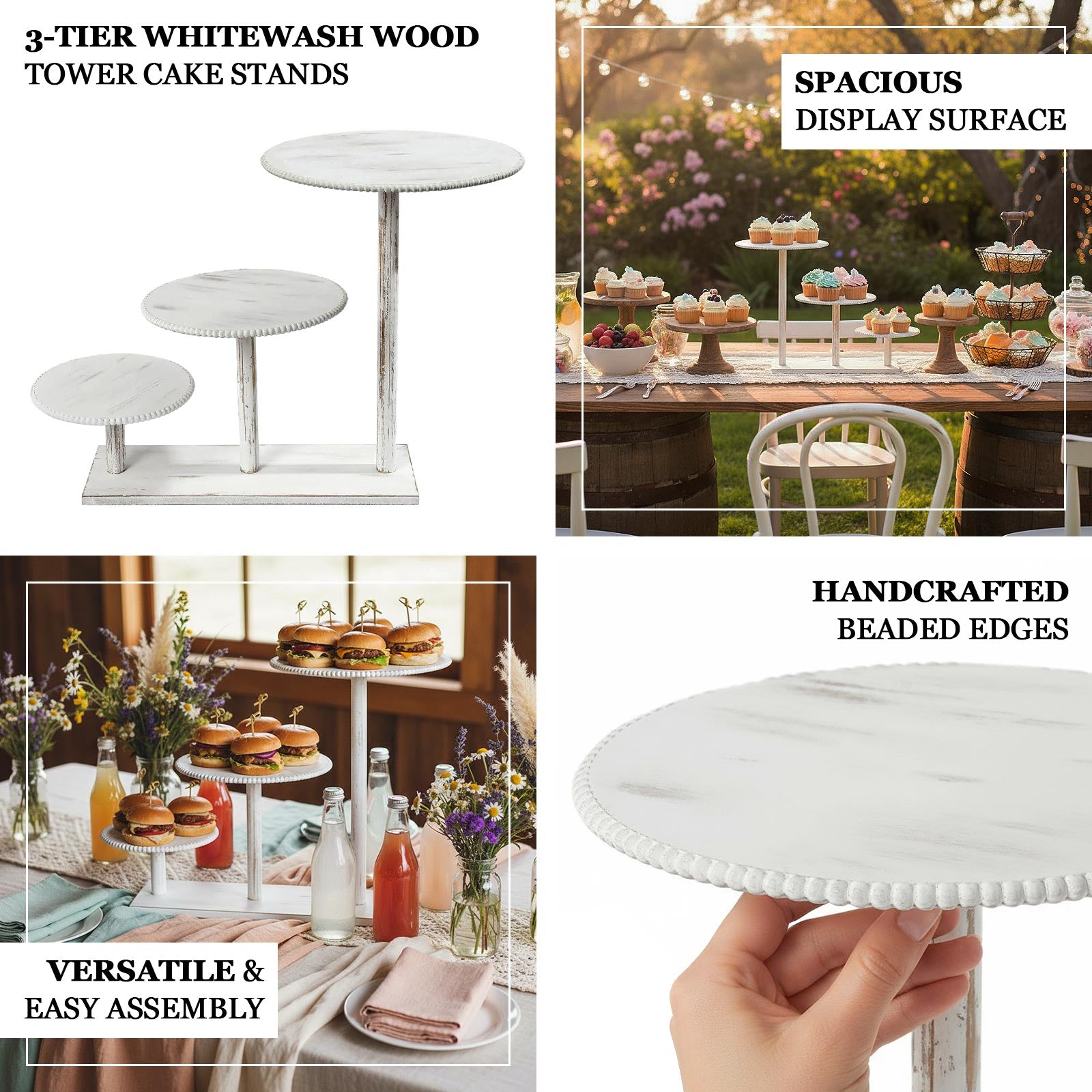 3-Tier Whitewash Wooden Cupcake Tower Dessert Stand, Farmhouse Style Cake Stand With Round Beaded Rim Tiered Trays - 24"x16"