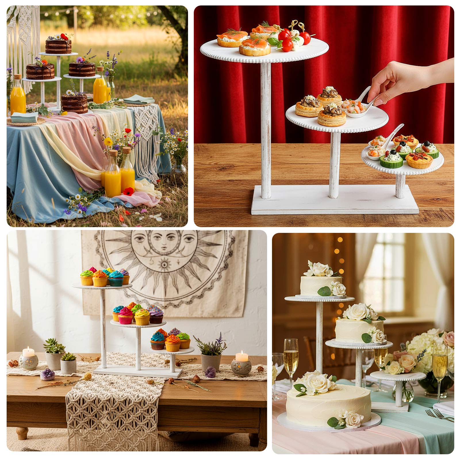 3-Tier Whitewash Wooden Cupcake Tower Dessert Stand, Farmhouse Style Cake Stand With Round Beaded Rim Tiered Trays - 24"x16"