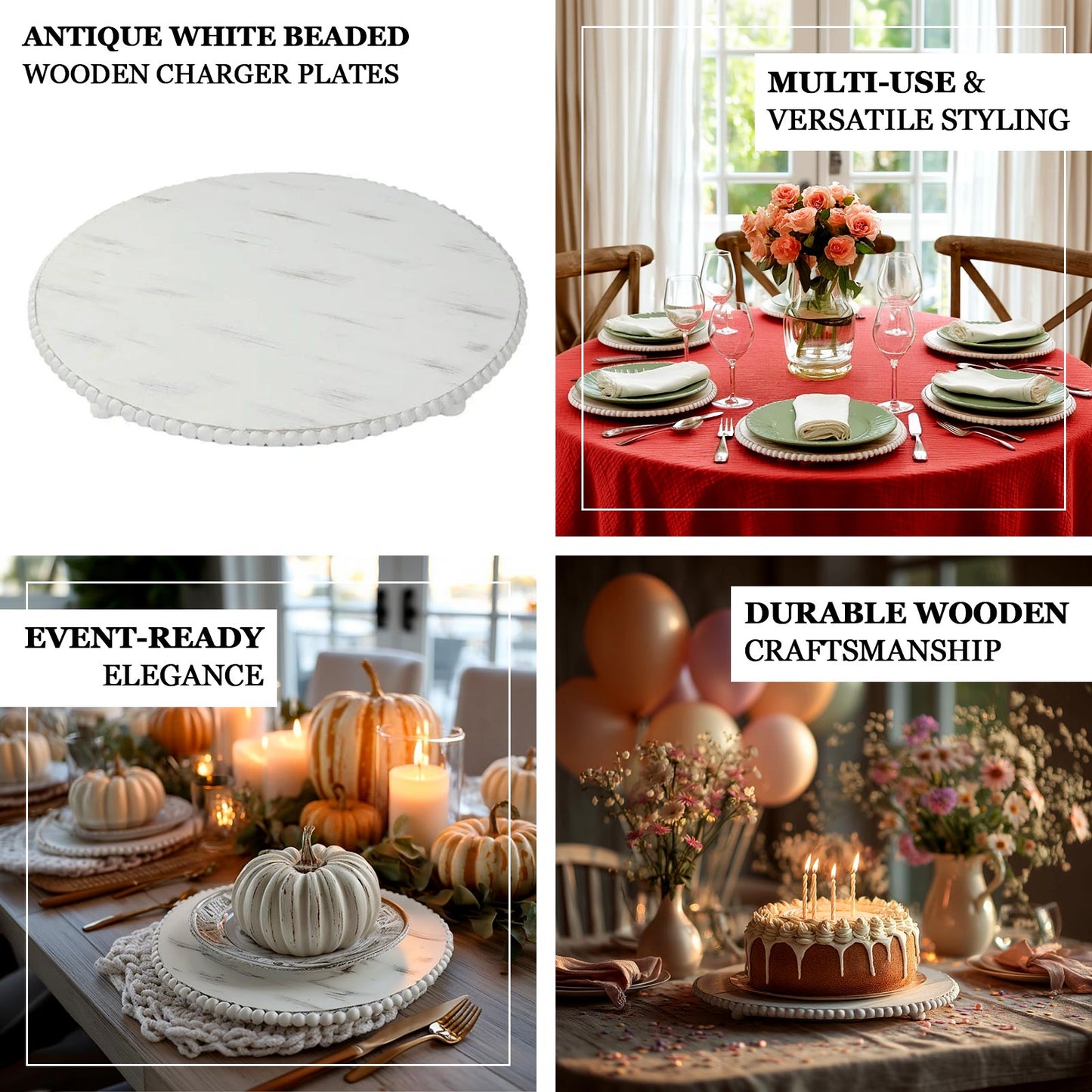 3-Pack 13" Rustic Wooden Charger Plates – Antique White Beaded Risers for Centerpieces, Cakes