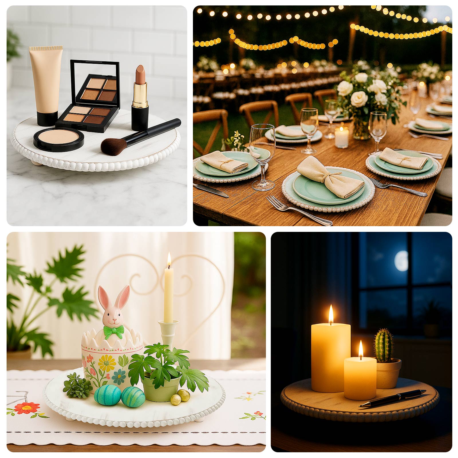 3-Pack 13" Rustic Wooden Charger Plates – Antique White Beaded Risers for Centerpieces, Cakes