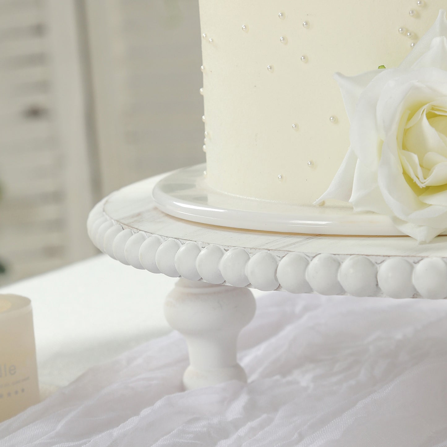 16" Rustic Wooden Cake Stand – Antique White Pedestal with Beaded Edge, Cupcake Display or Wood Slice Tray