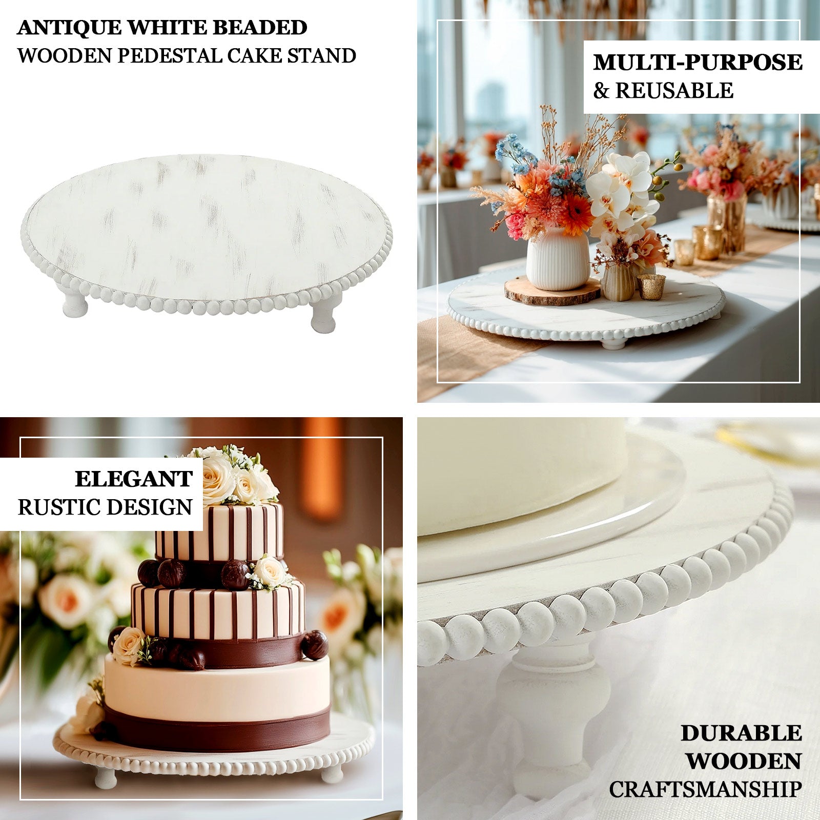 16" Rustic Wooden Cake Stand – Antique White Pedestal with Beaded Edge, Cupcake Display or Wood Slice Tray