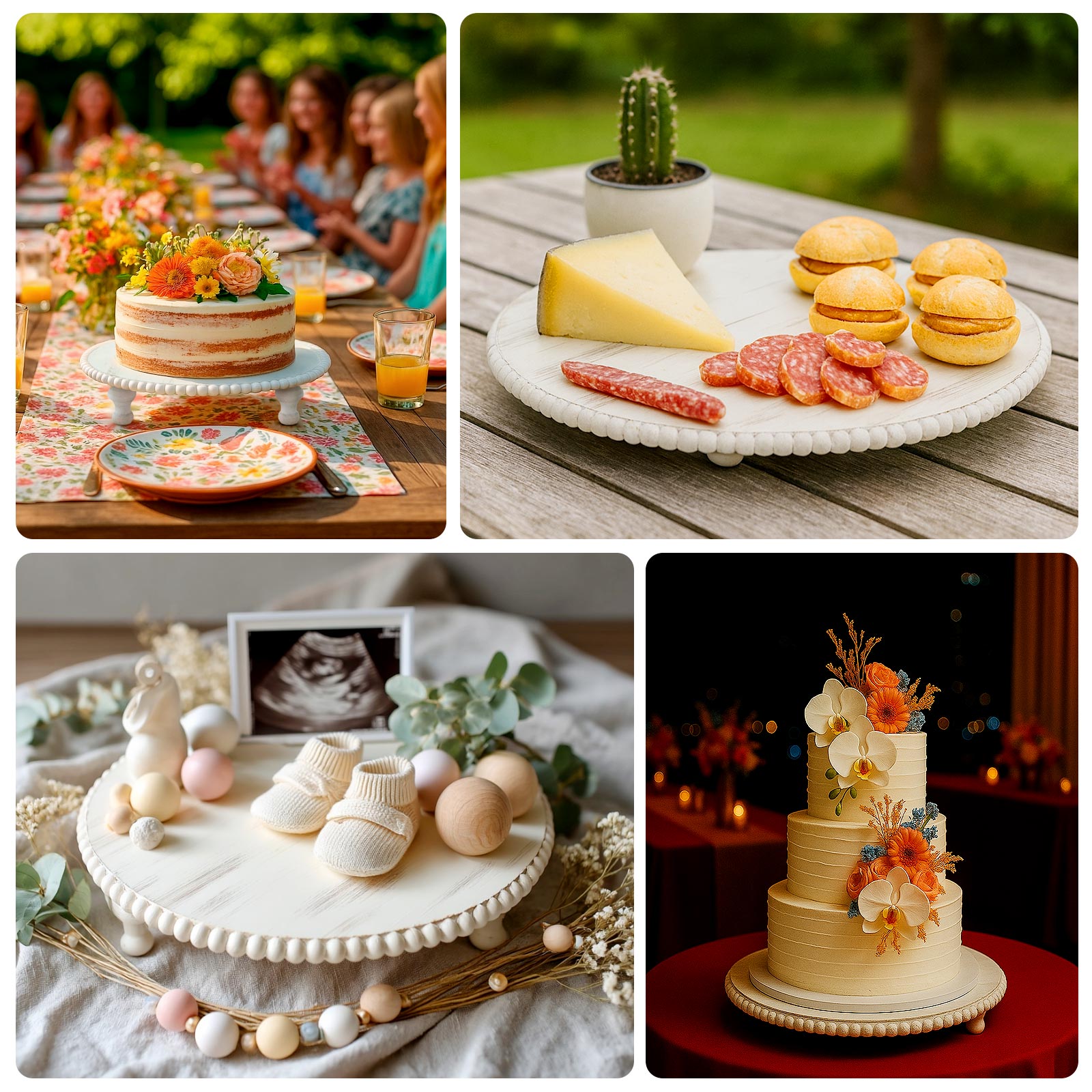 18" Rustic Wooden Cake Stand – Antique White Pedestal with Beaded Edge, Cupcake Display Wood Slice