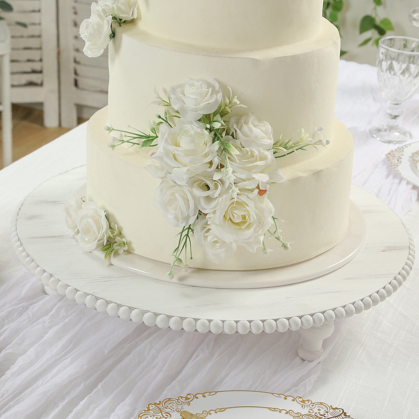 18" Rustic Wooden Cake Stand – Antique White Pedestal with Beaded Edge, Cupcake Display or Wood Slice Tray