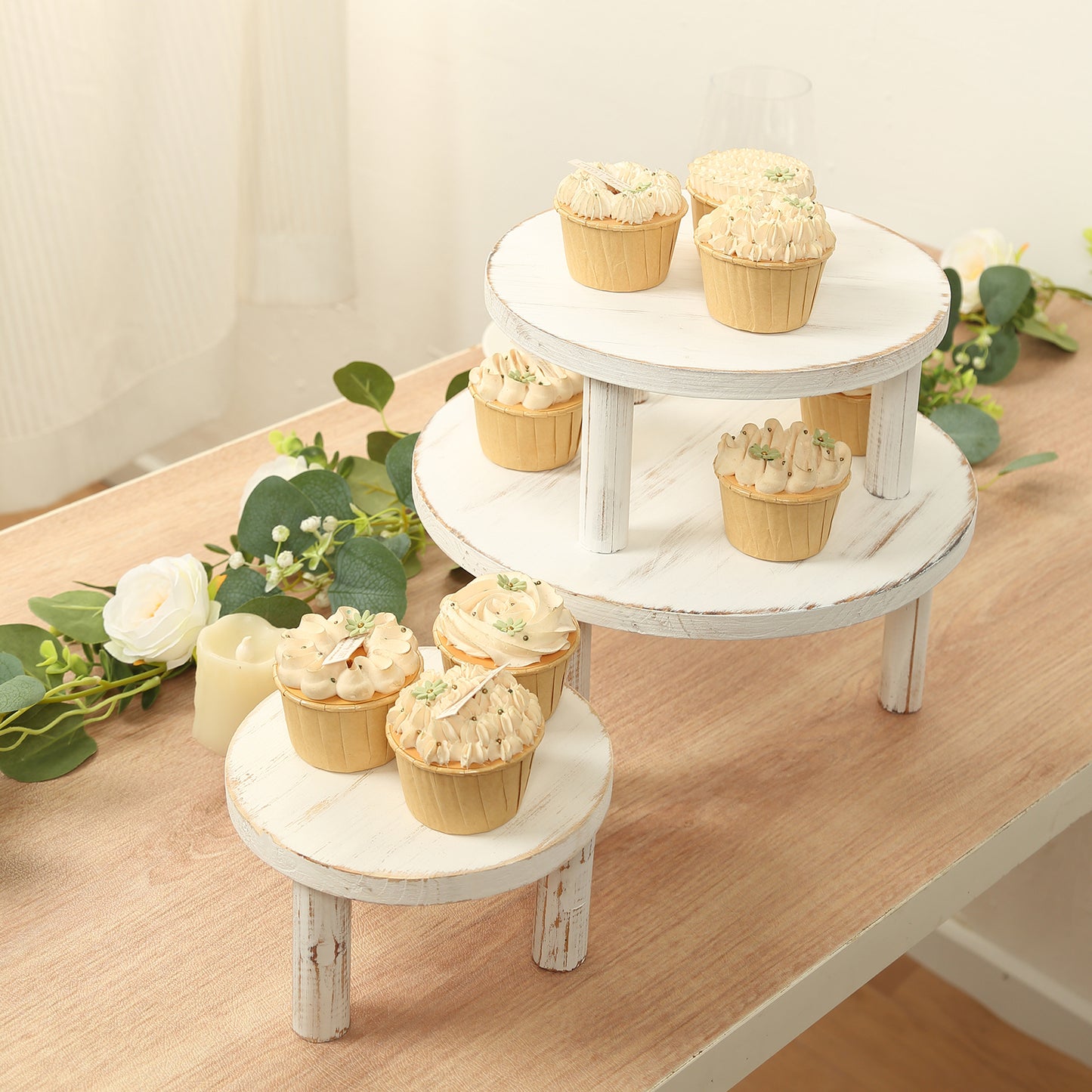 Set of 3 Whitewash Wooden Pedestal Cupcake Stands with Removable Legs, Stackable Round Rustic Cake Dessert Display Stands Plant Risers - 7",9.5",12"