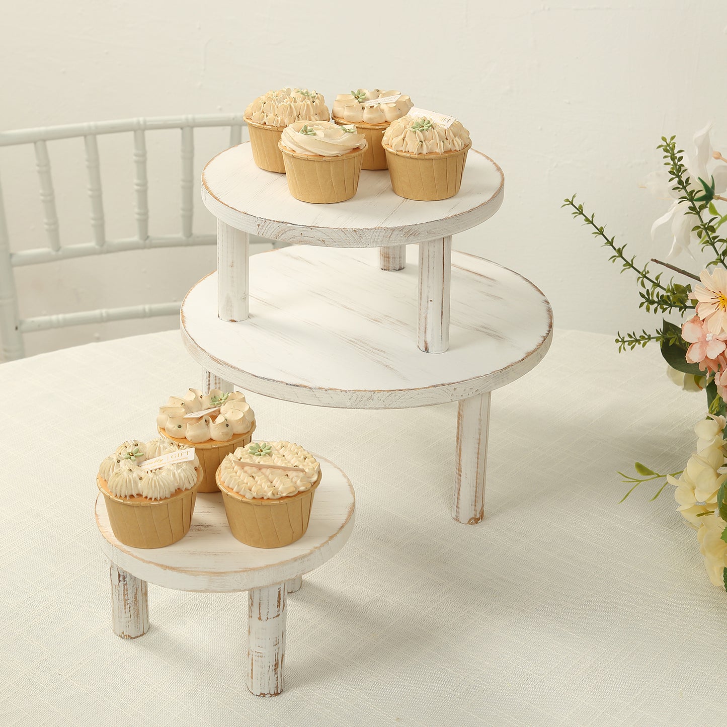 Set of 3 Whitewash Wooden Pedestal Cupcake Stands with Removable Legs, Stackable Round Rustic Cake Dessert Display Stands Plant Risers - 7",9.5",12"