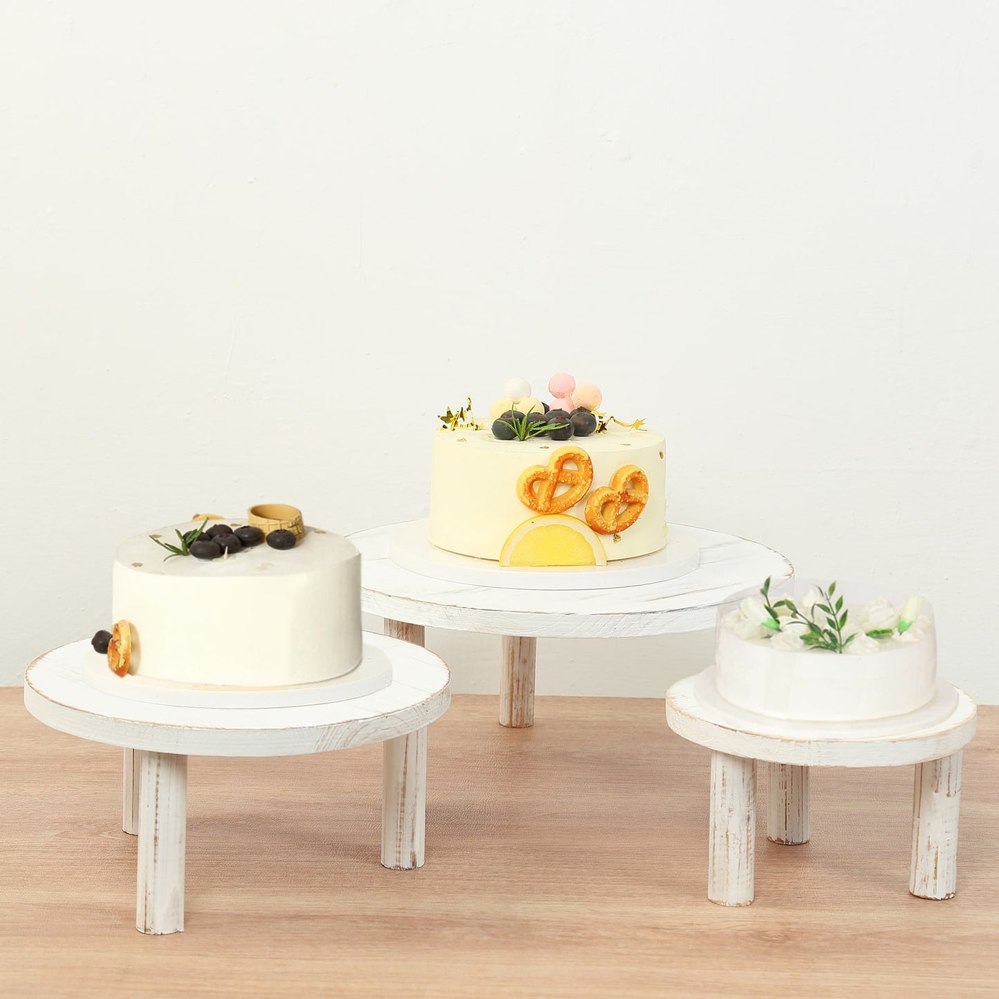 Set of 3 Whitewash Wooden Pedestal Cupcake Stands with Removable Legs, Stackable Round Rustic Cake Dessert Display Stands Plant Risers - 7",9.5",12"