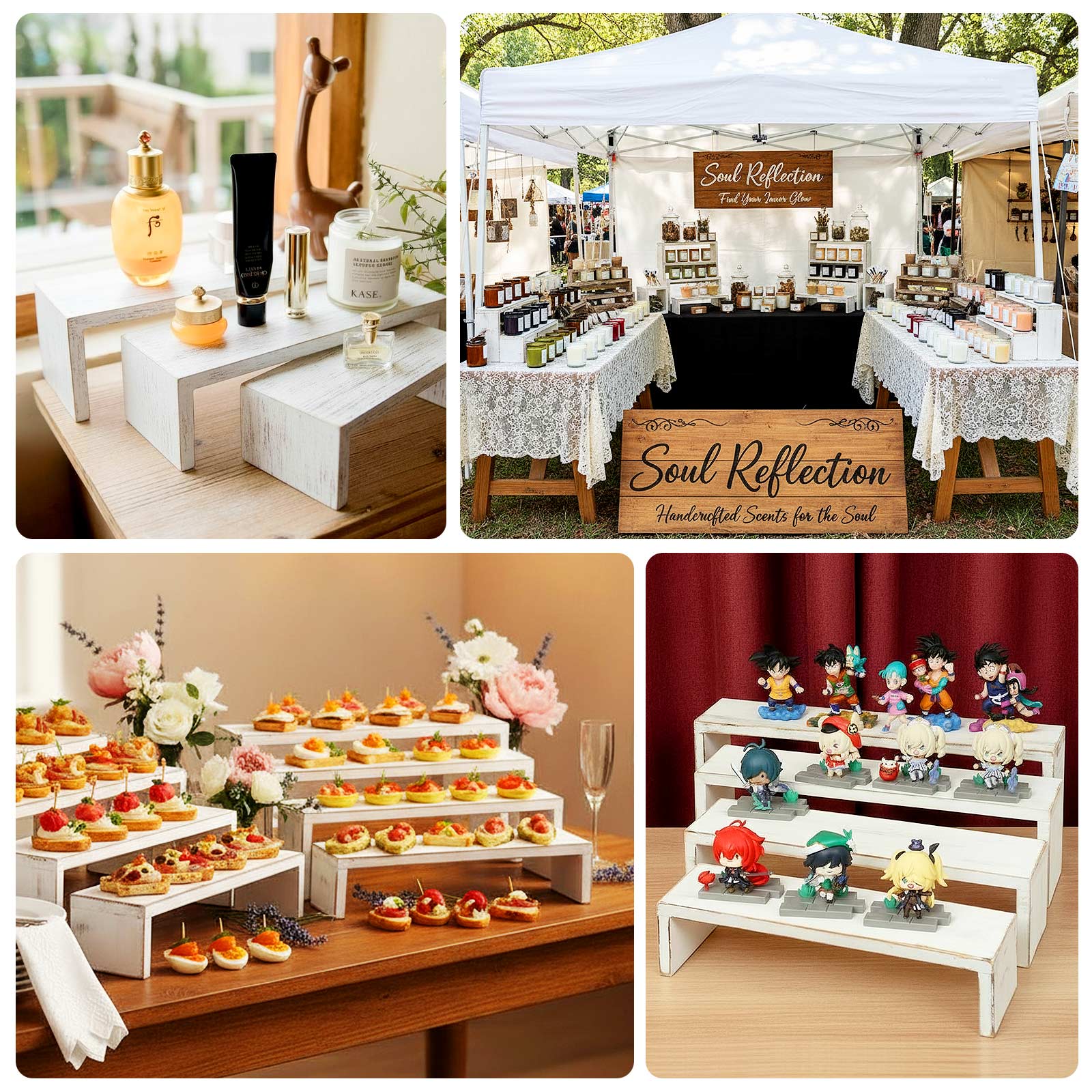 Whitewash wooden display risers in rustic farmhouse style, stackable and versatile.