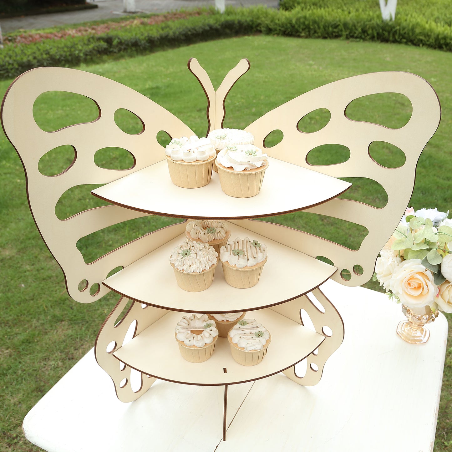 3-Tier Natural Butterfly Wooden Dessert Display Stand, 24" Rustic Cupcake Stand Shelf Rack